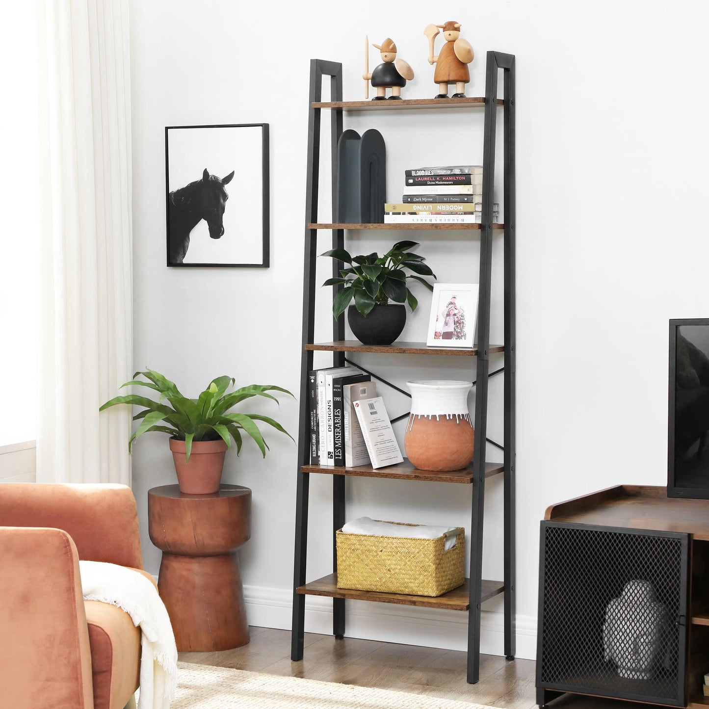 Staand rek – decoratieplank – boekenkast – woonkamerkast – vintage bruin/zwart