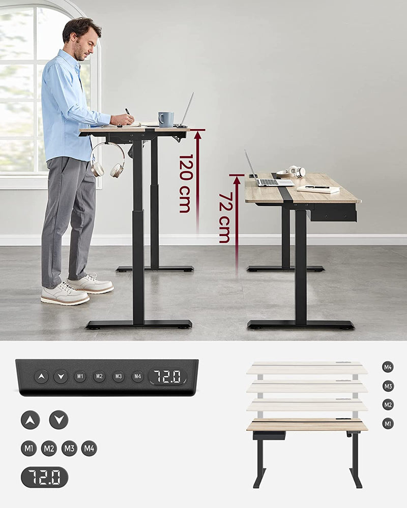 Elektrisch bureau - Hoogte verstelbaar - Memoryfunctie met 4 hoogtes - Wit zwart - 60 x 140 cm