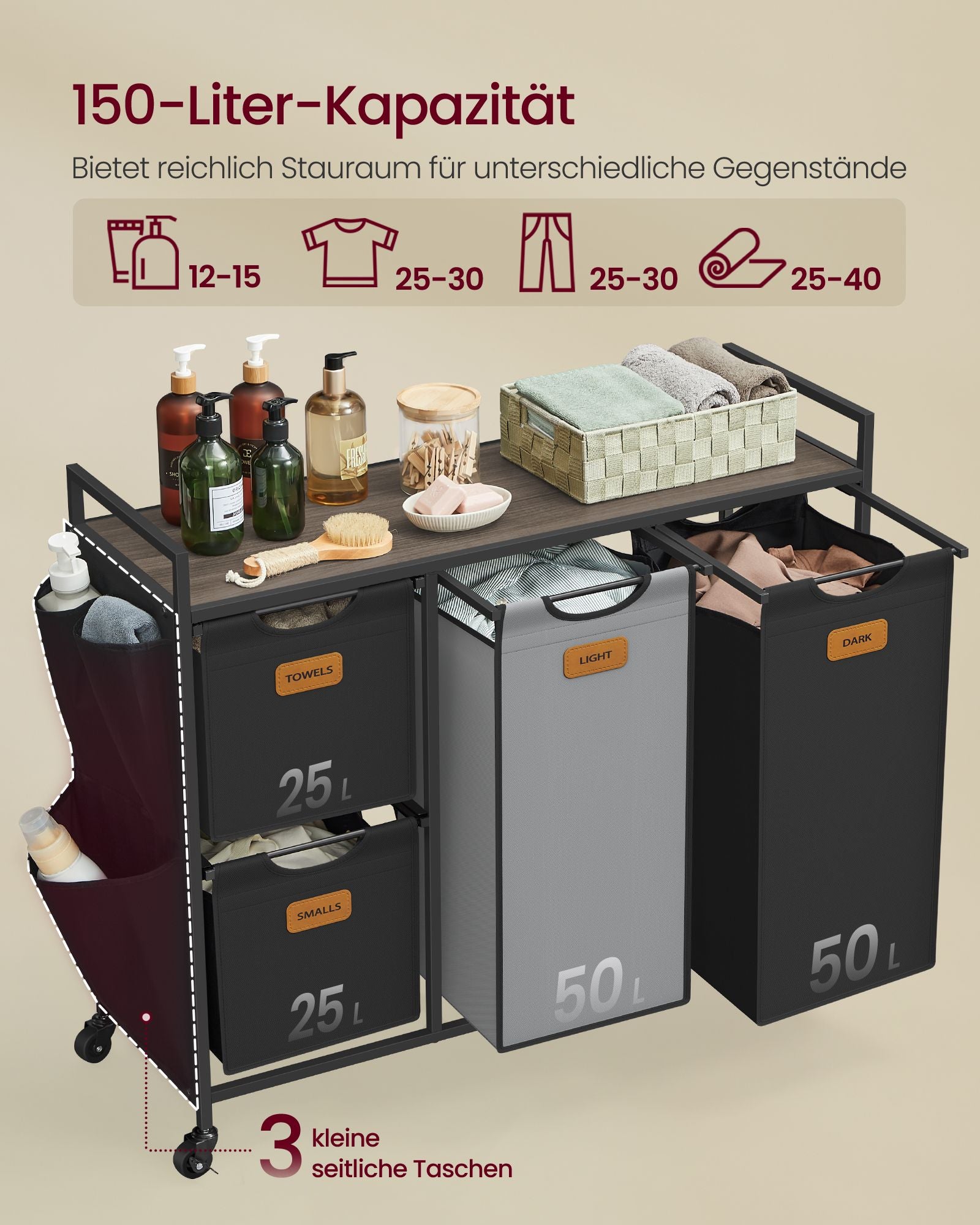 Wasmand 4 vakken kastanjebruin-inktzwart-duifgrijs