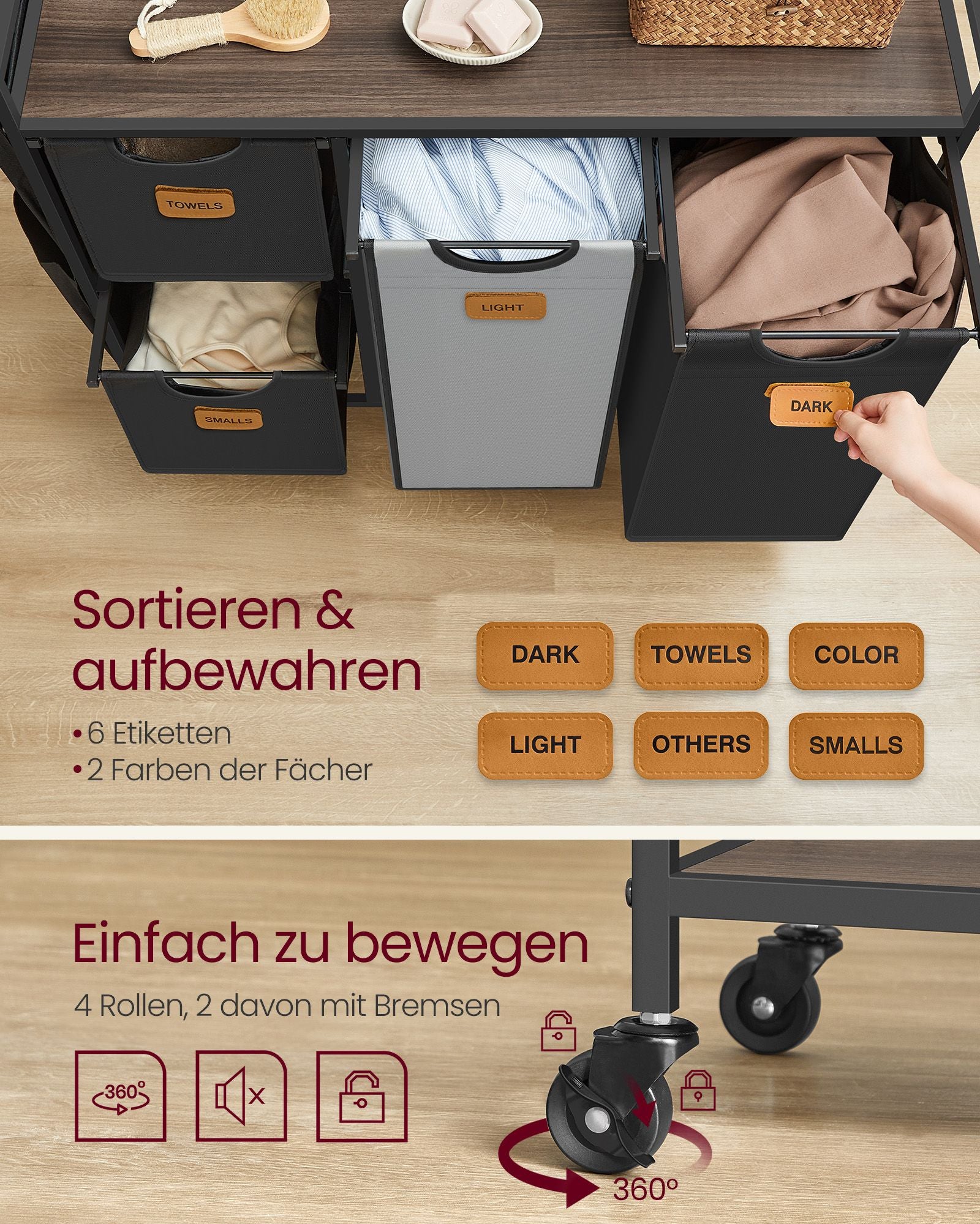Wasmand 4 vakken kastanjebruin-inktzwart-duifgrijs