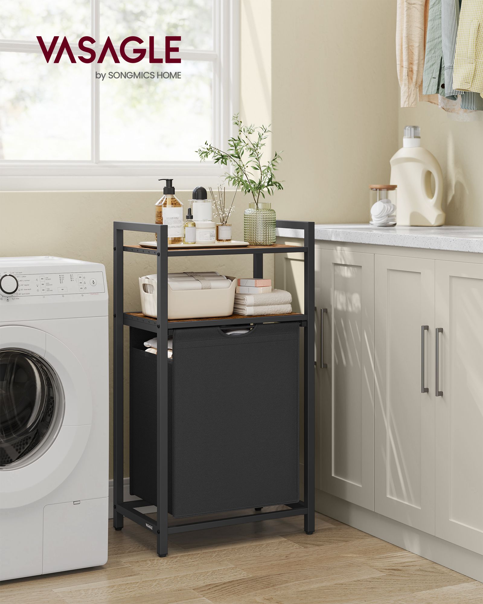 Wasmand met 2 planken 65 liter vintage bruin-zwart