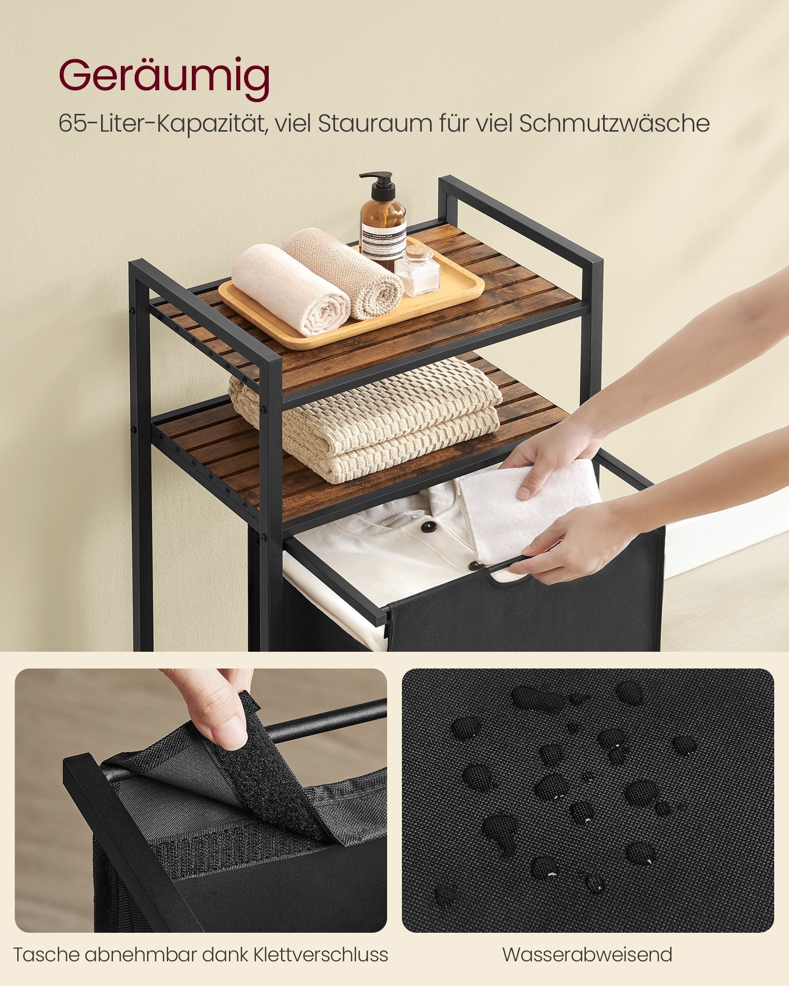 Wasmand met 2 planken 65 liter vintage bruin-zwart
