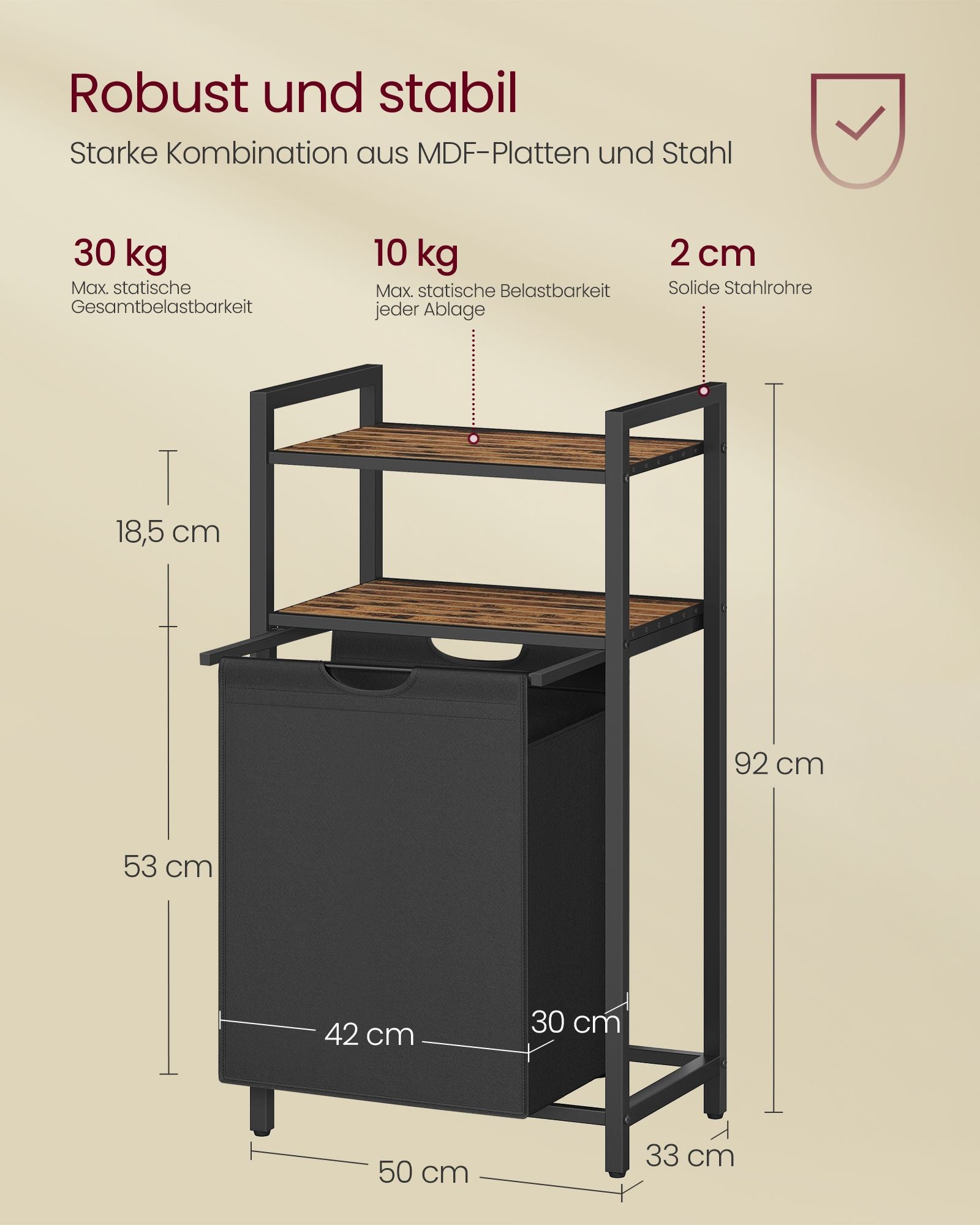 Wasmand met 2 planken 65 liter vintage bruin-zwart