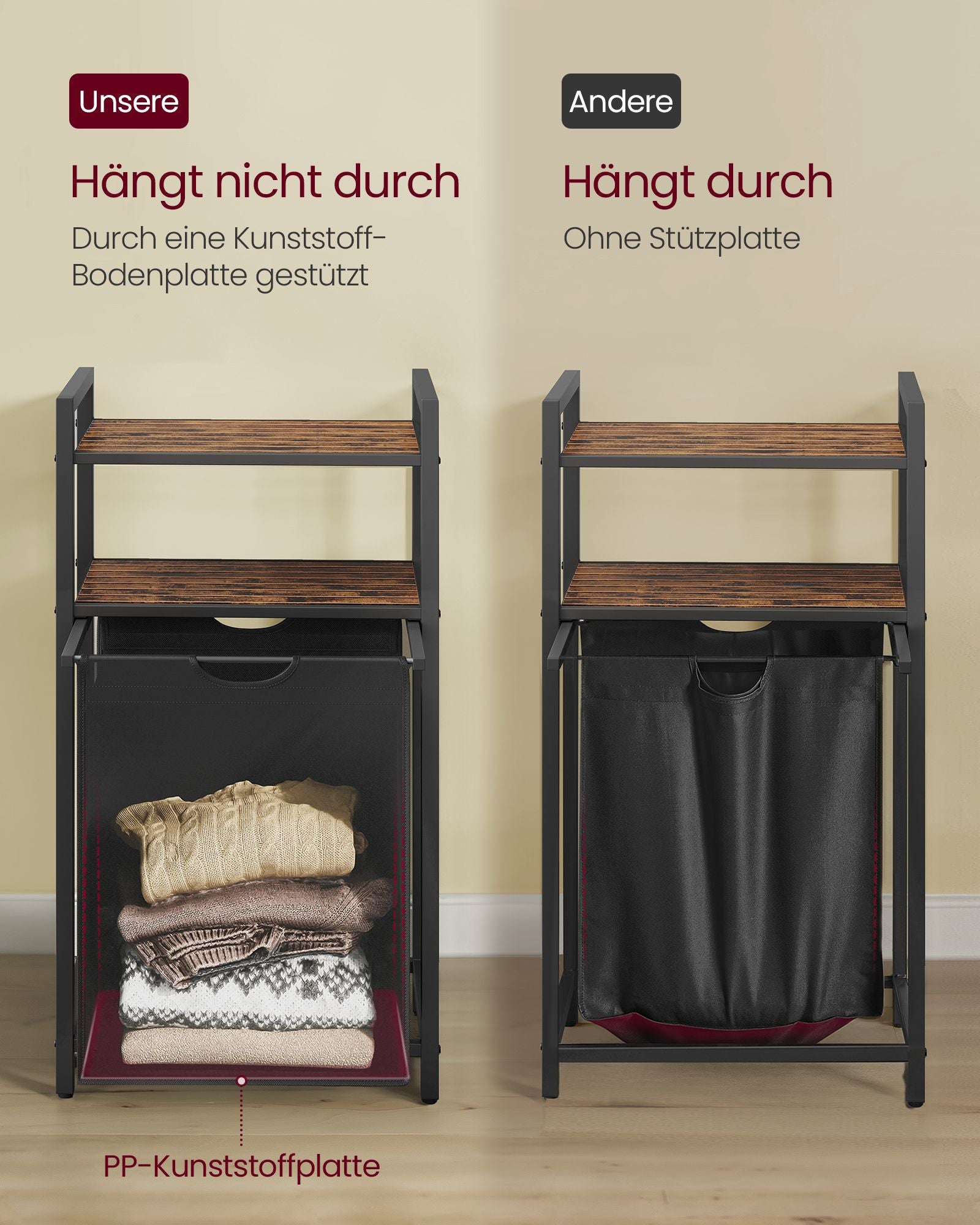 Wasmand met 2 planken 65 liter vintage bruin-zwart