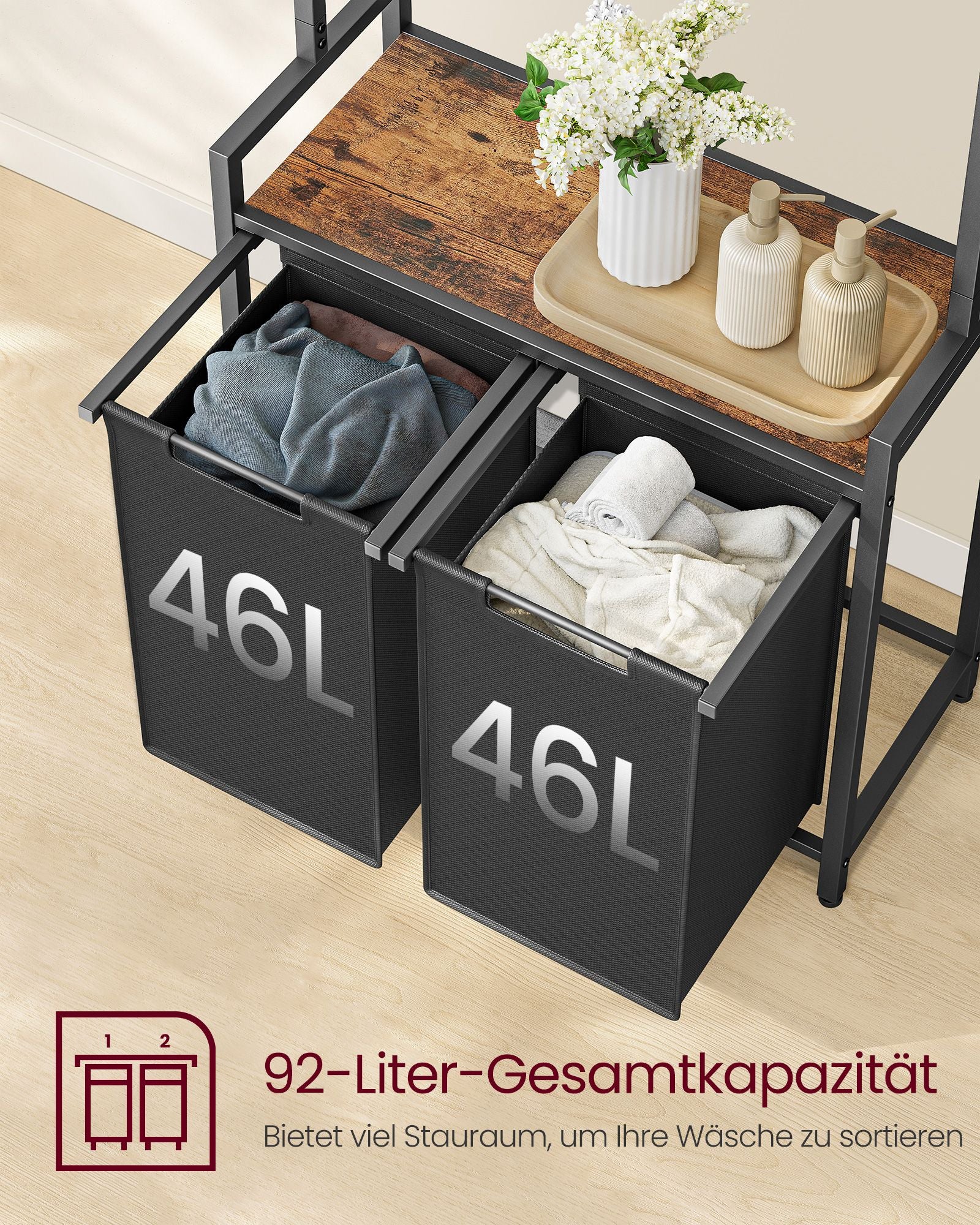 Wasmand – met kapstok – 2 vakken – vintage bruin-klassiek zwart