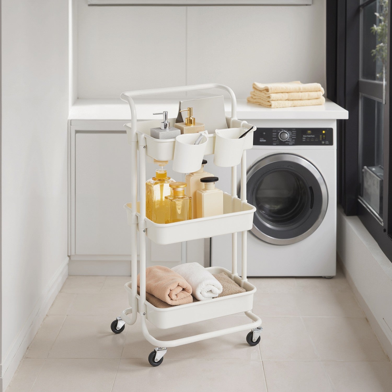 3-laags trolley, serveerwagen, keukenwagen met handvat