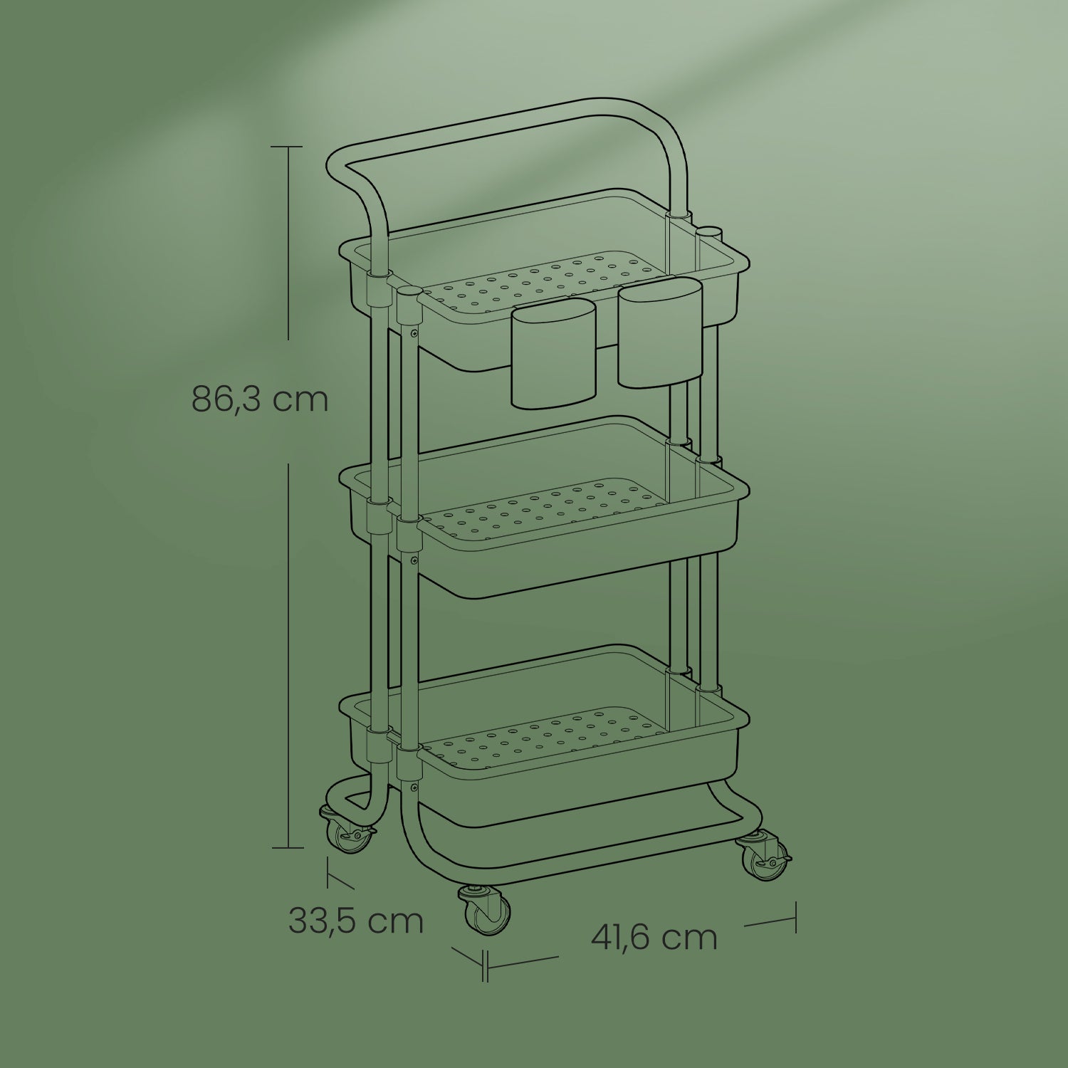 3-laags trolley, serveerwagen, keukenwagen met handvat