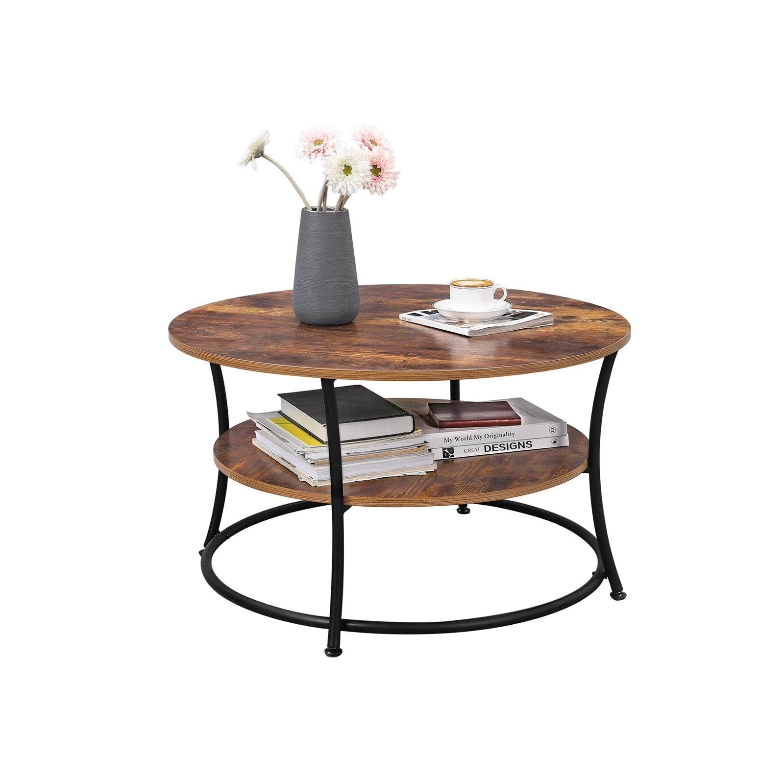 Salontafel - Ronde bijzettafel met 2 planken - Metalen frame