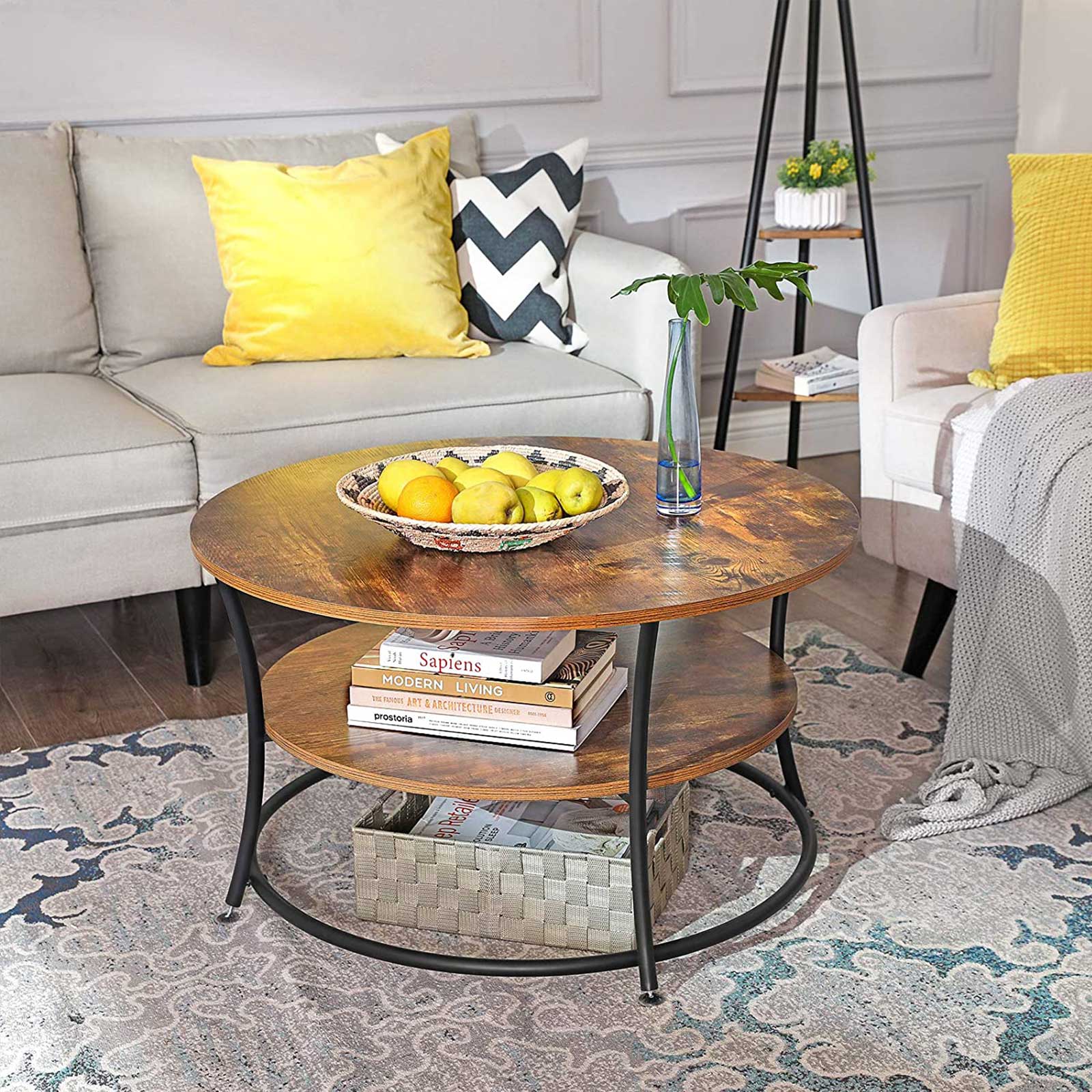 Salontafel - Ronde bijzettafel met 2 planken - Metalen frame