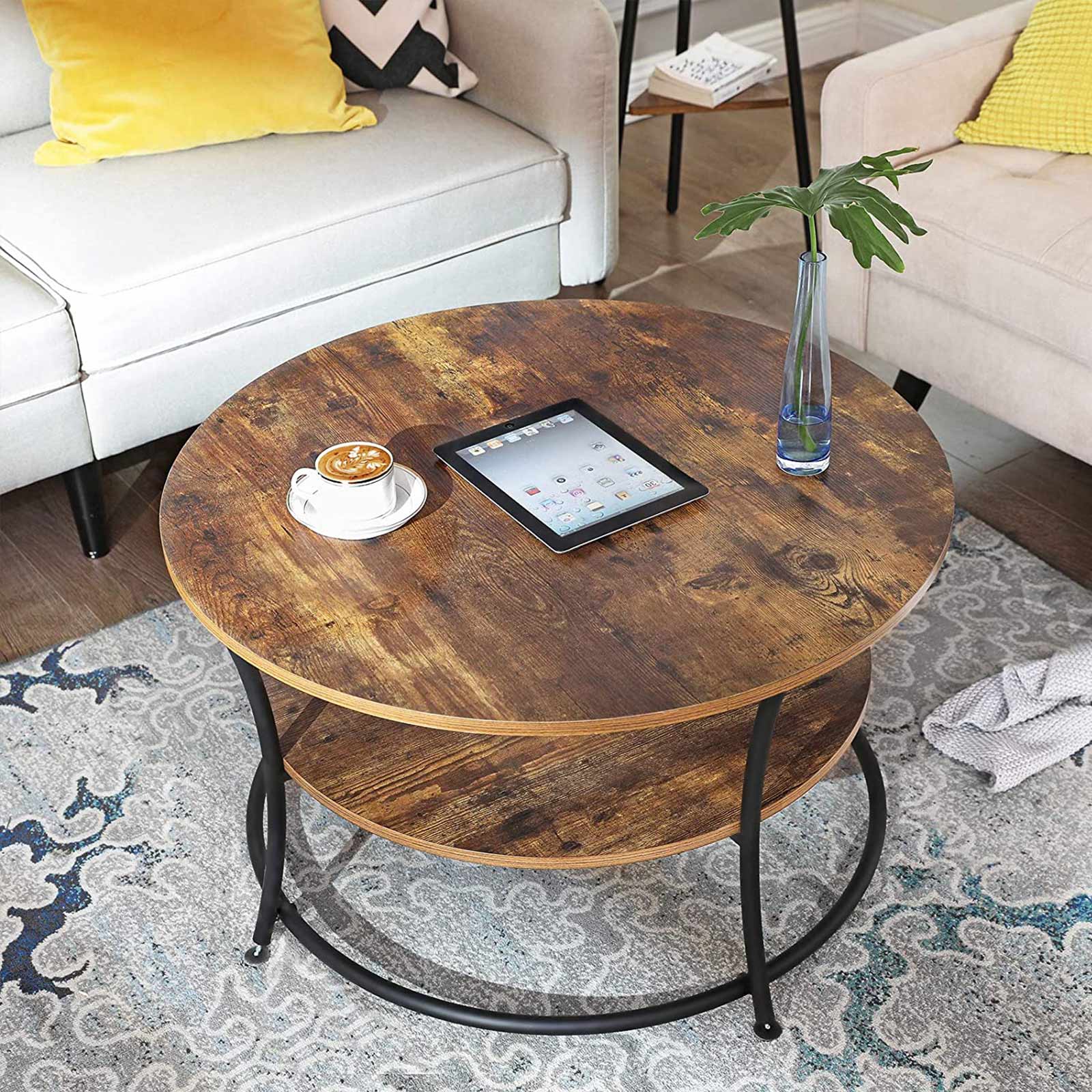 Salontafel - Ronde bijzettafel met 2 planken - Metalen frame
