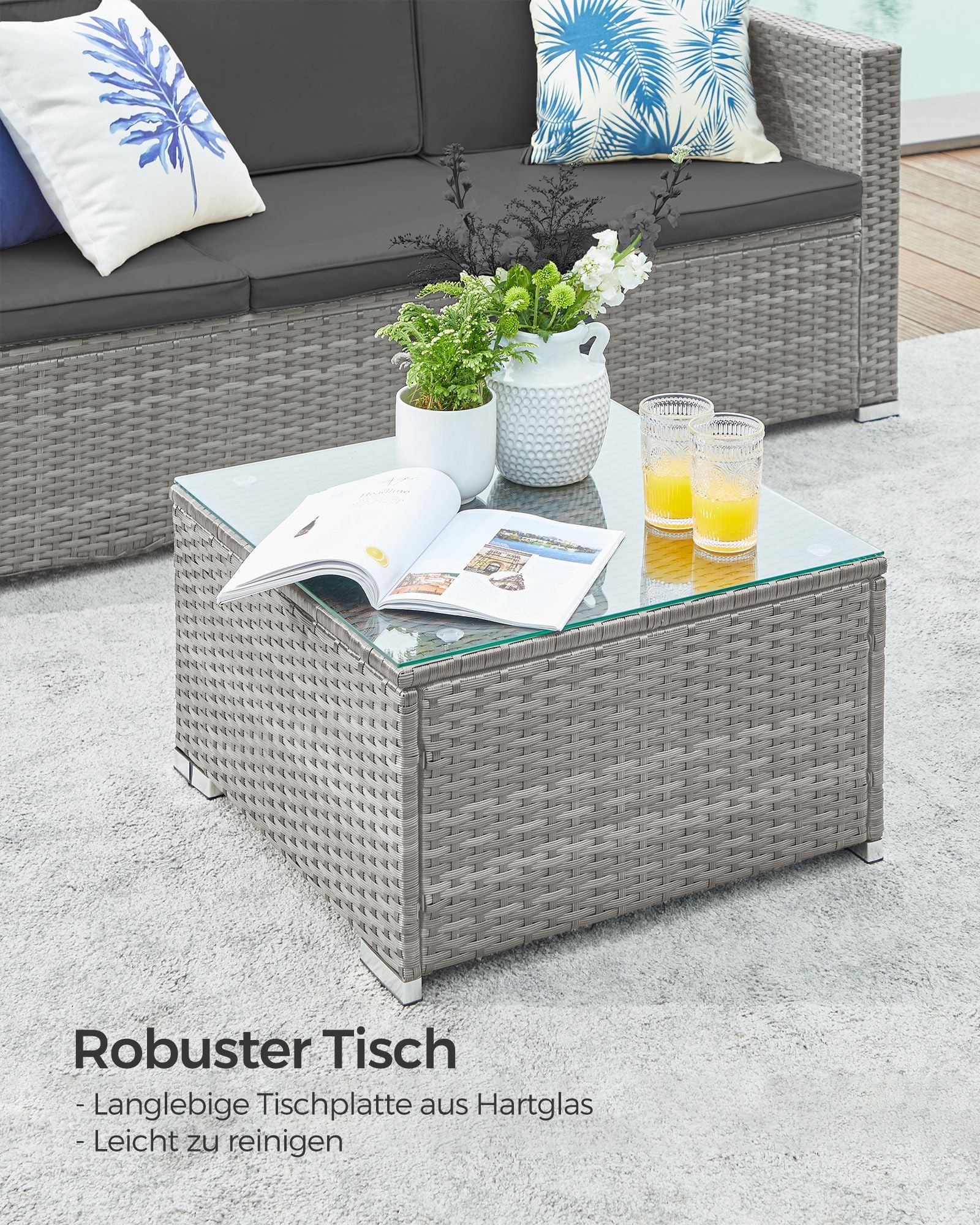 Balkonmeubelset – PE-polyrotan – met kussens en glazen tafel