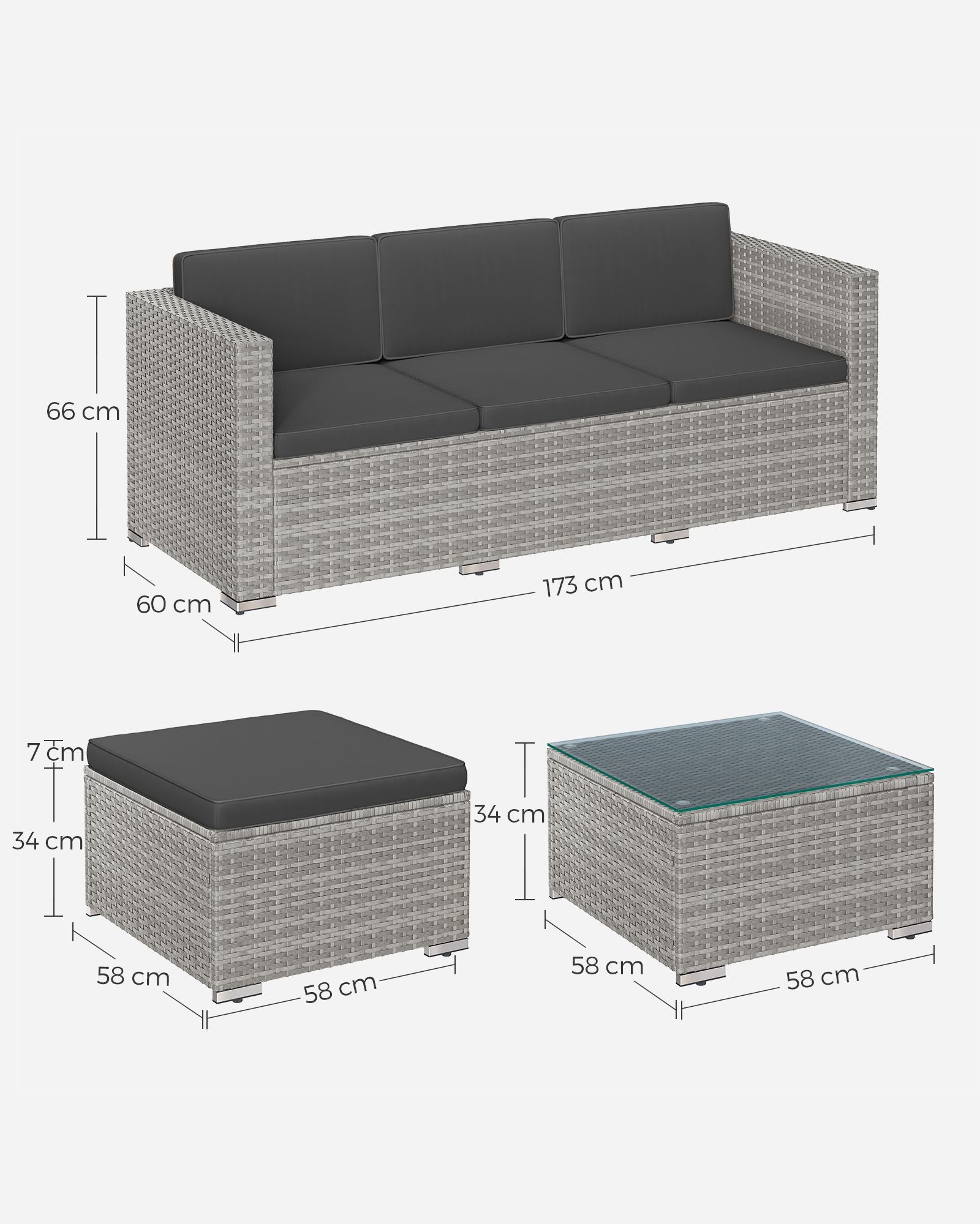 Balkonmeubelset – PE-polyrotan – met kussens en glazen tafel