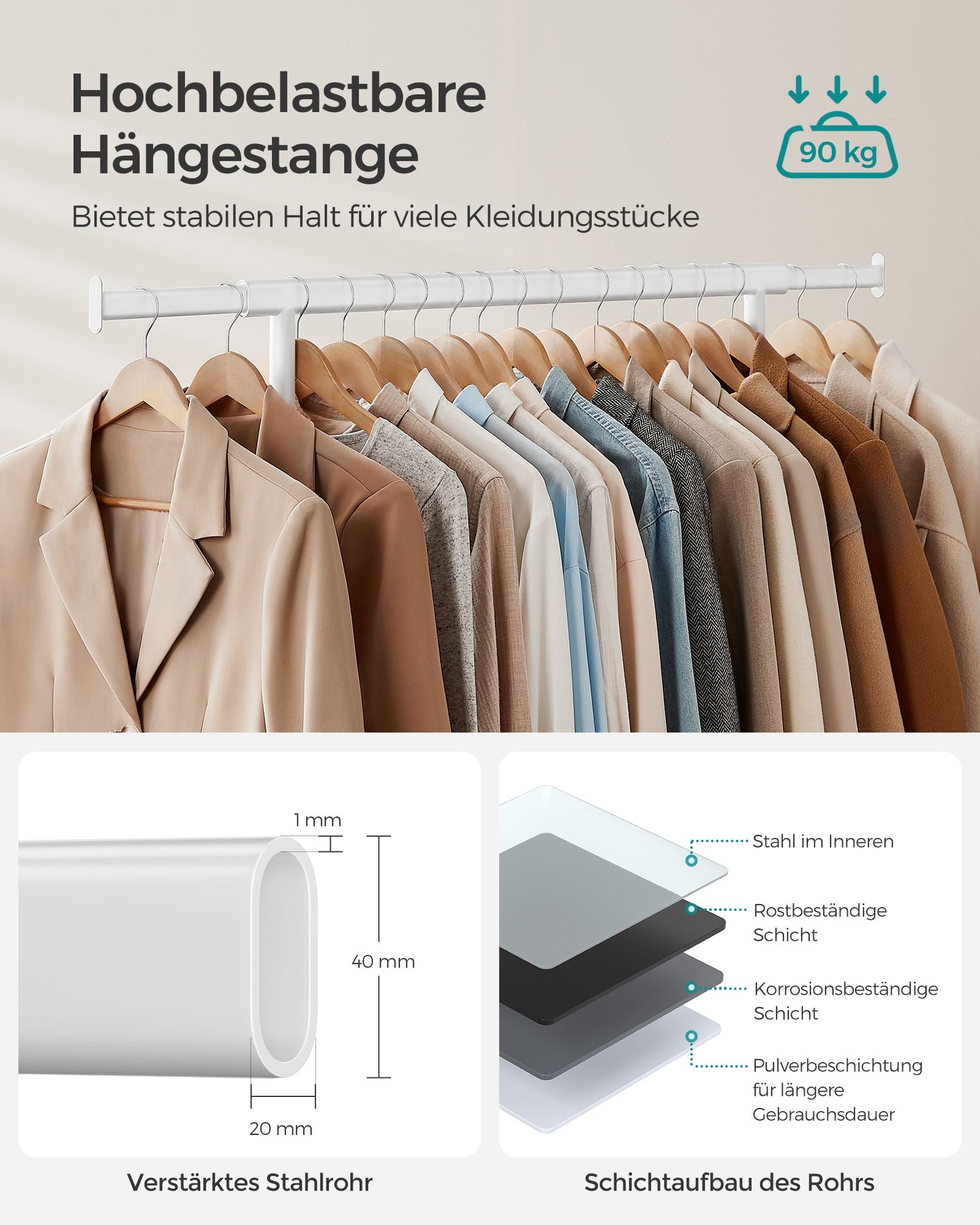 Kledingrek – op wielen – draagvermogen 90 kg – klassiek wit