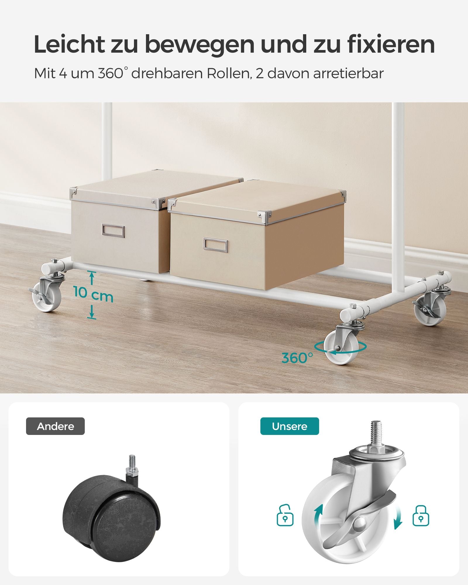 Kledingrek – op wielen – draagvermogen 90 kg – klassiek wit
