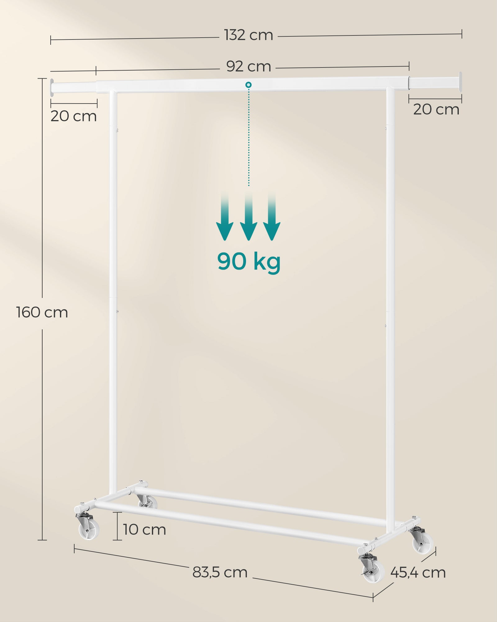 Kledingrek – op wielen – draagvermogen 90 kg – klassiek wit