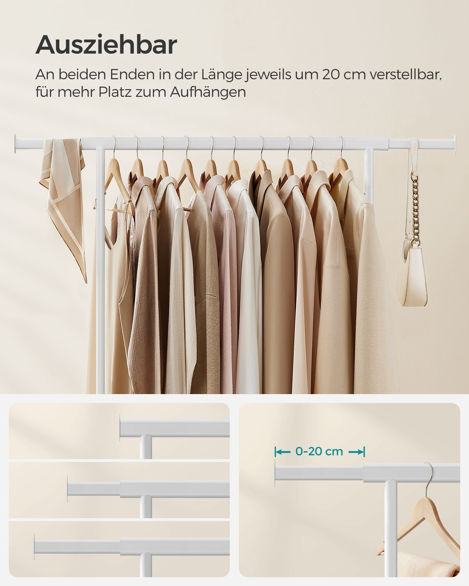 Kledingrek – op wielen – draagvermogen 90 kg – klassiek wit