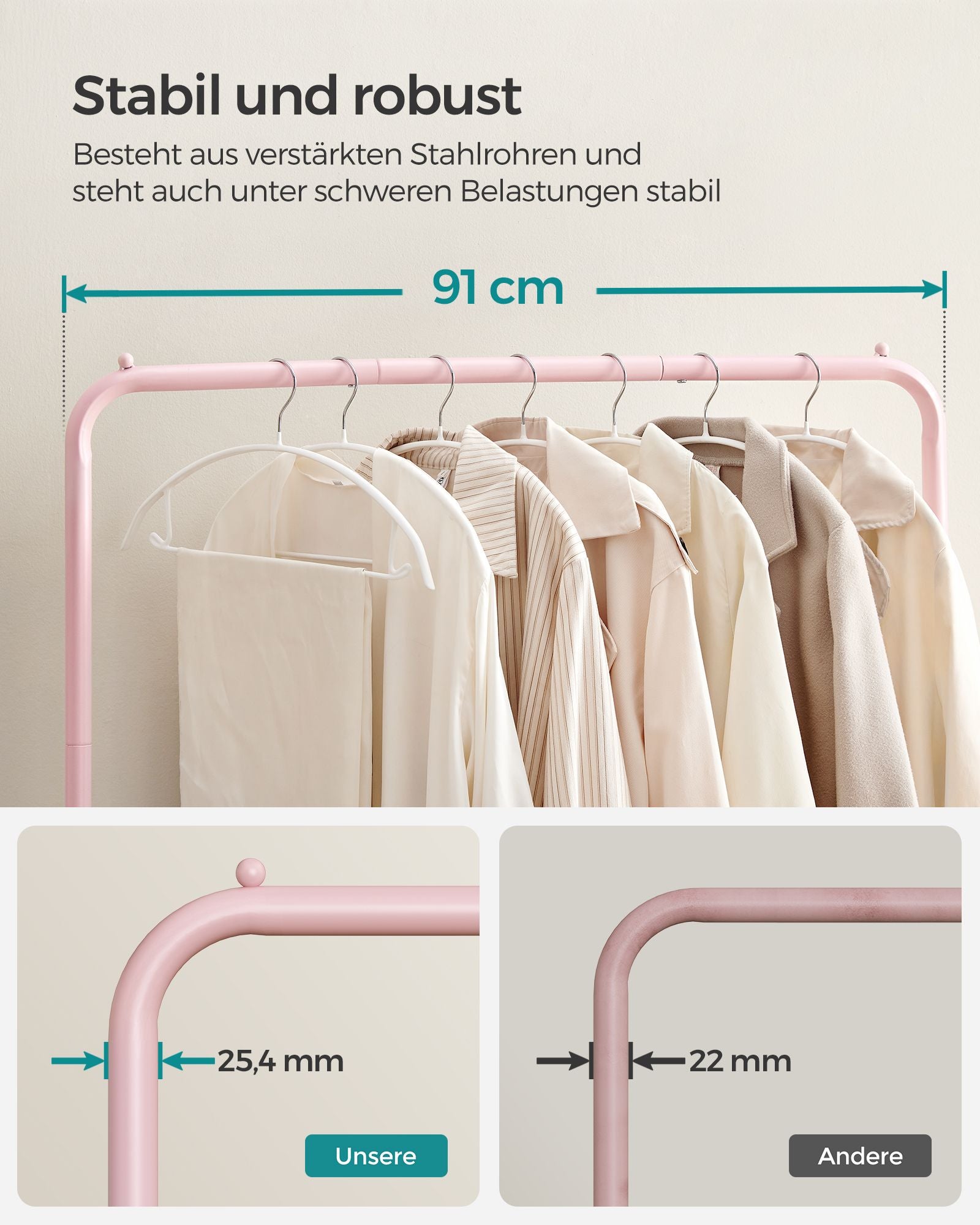 Kledingrek 91 Cm Breed Op Pastelroze Wielen