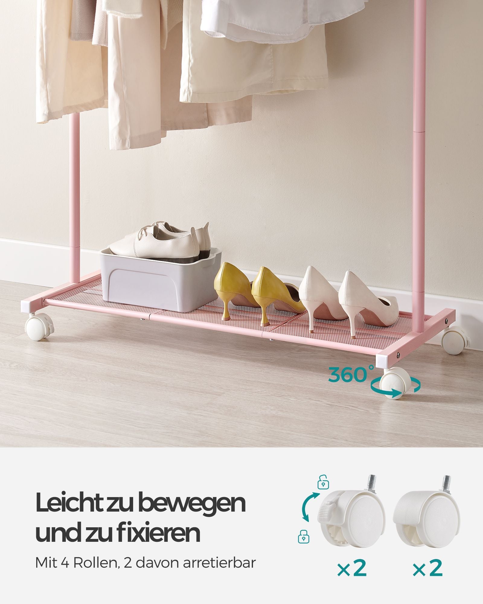 Kledingrek 91 Cm Breed Op Pastelroze Wielen