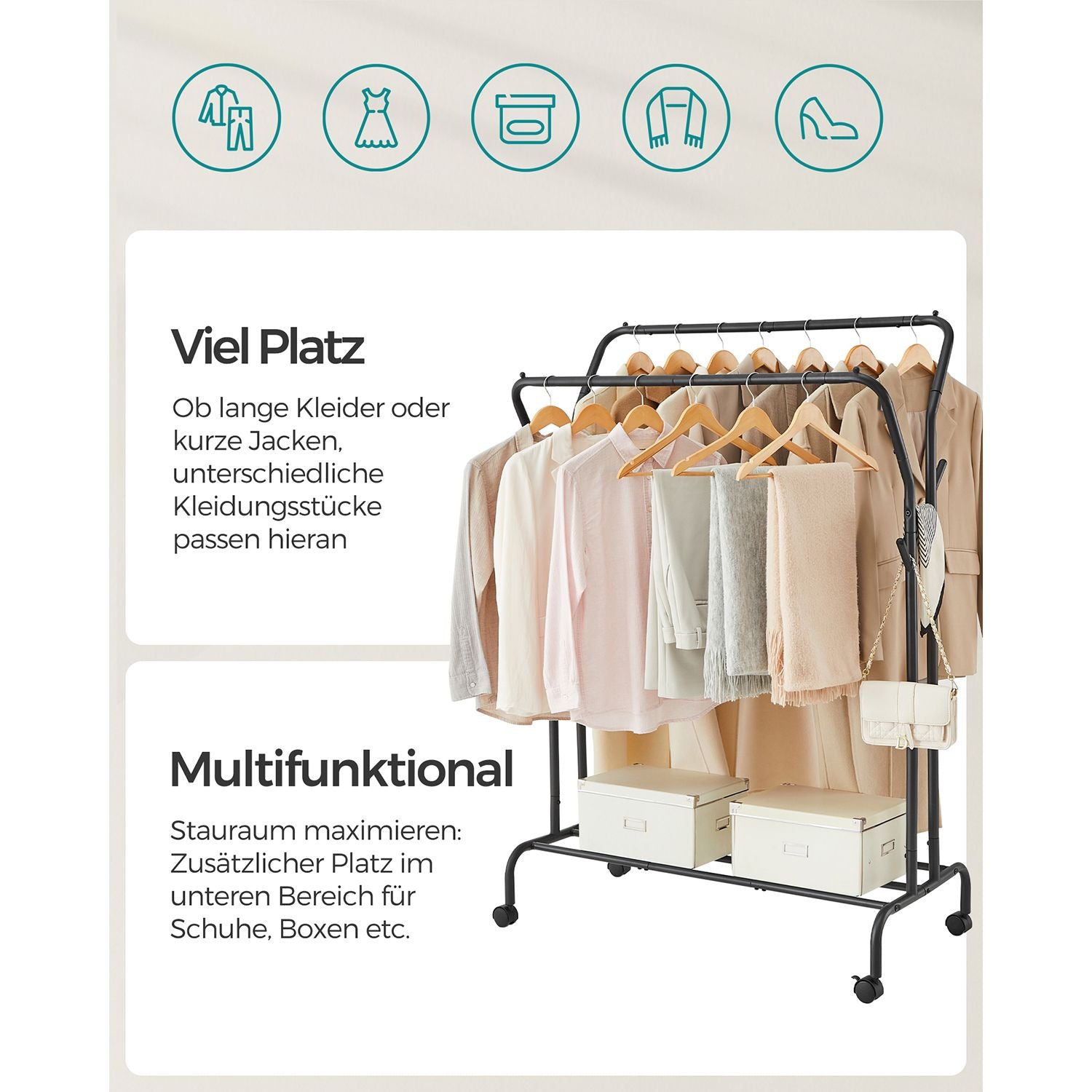 Kledingrek – op wielen – 2 kledingroedes – zwart
