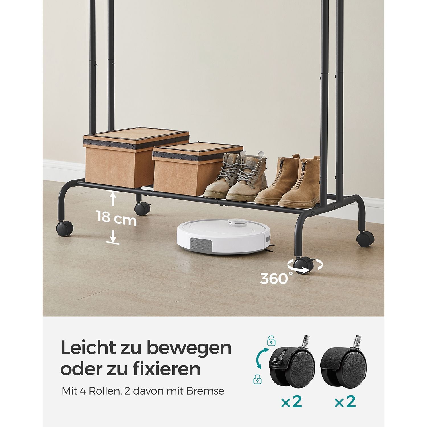 Kledingrek – op wielen – 2 kledingroedes – zwart