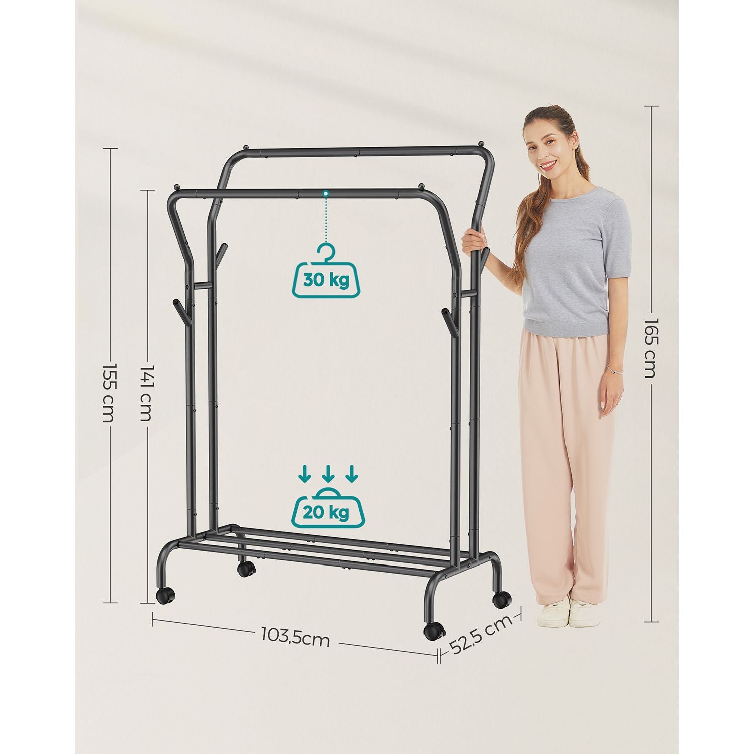 Kledingrek – op wielen – 2 kledingroedes – zwart