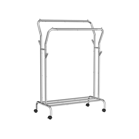Kledingrek – op wielen – 2 kledingroedes – zilver