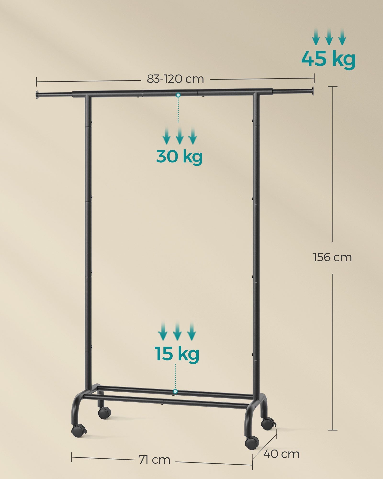 Kledingrek Op Wielen Met Een Draagvermogen Tot 45 Kg, Inktzwart