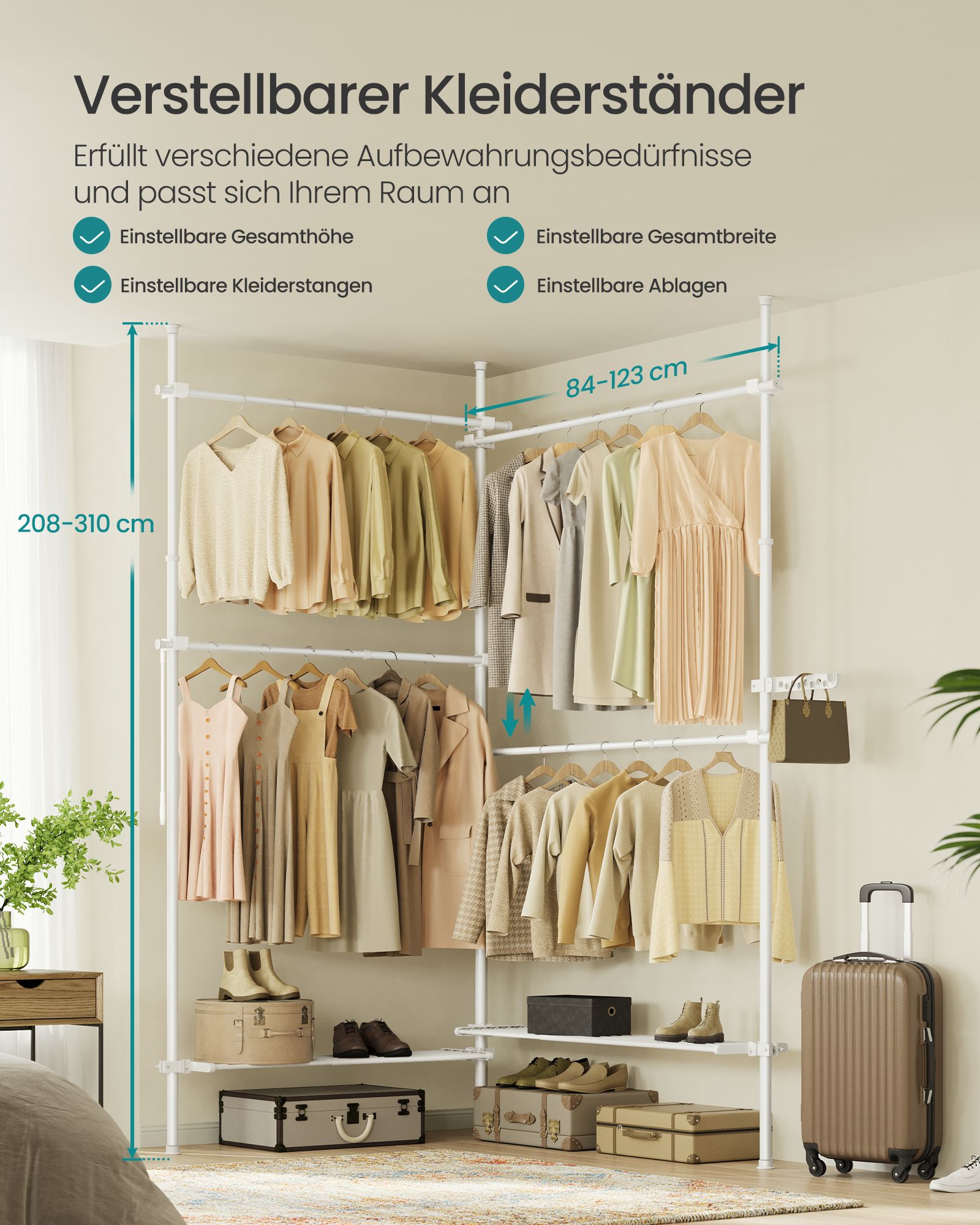 Kledingrek – 33,5 × (162–238) × (208–310) cm – mat wit