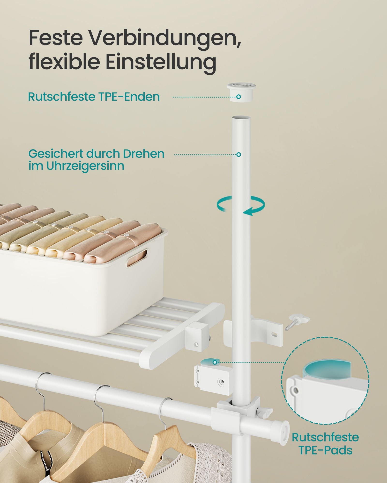 Kledingrek – 33,5 × (162–238) × (208–310) cm – mat wit