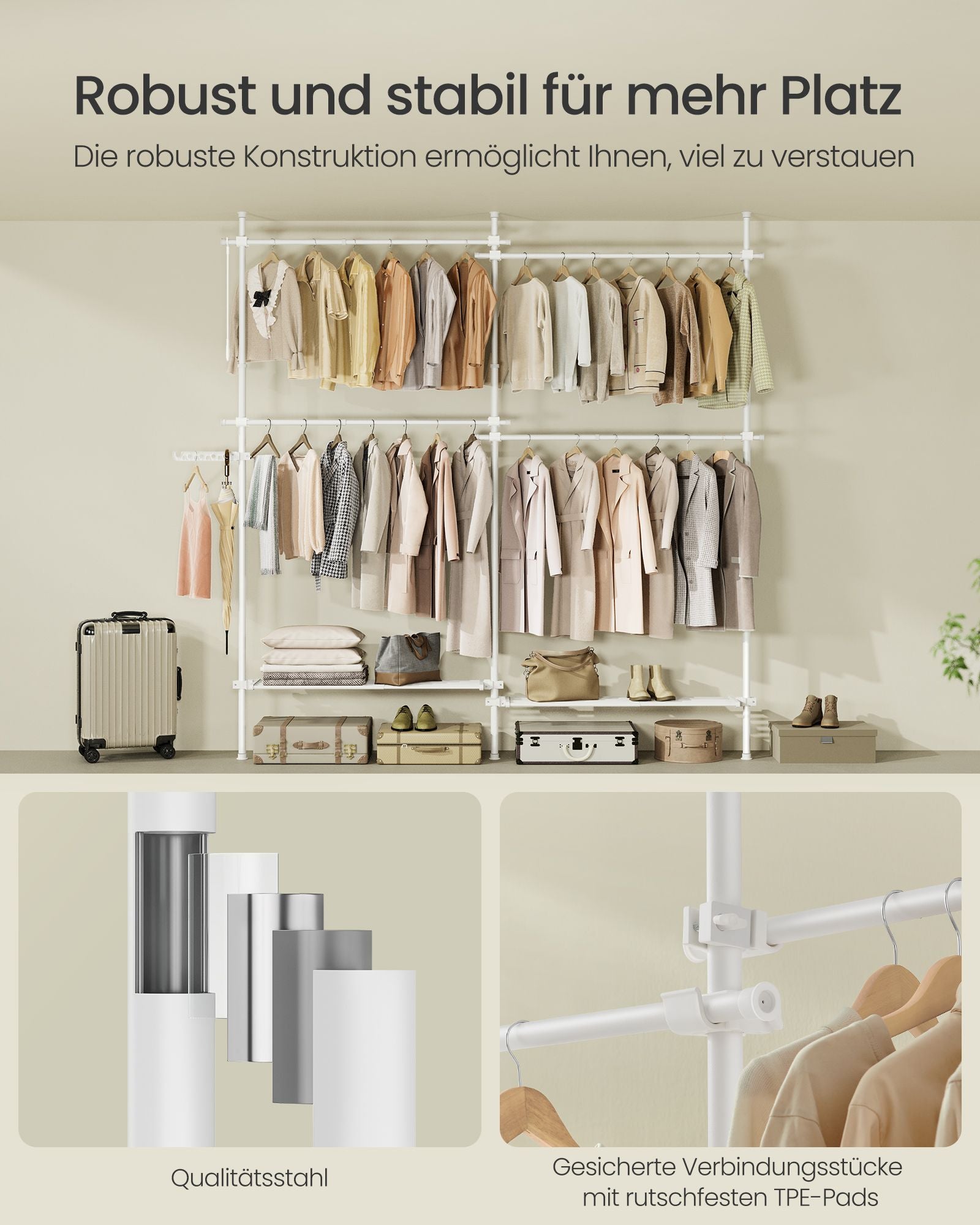 Kledingrek – 33,5 × (162–238) × (208–310) cm – mat wit