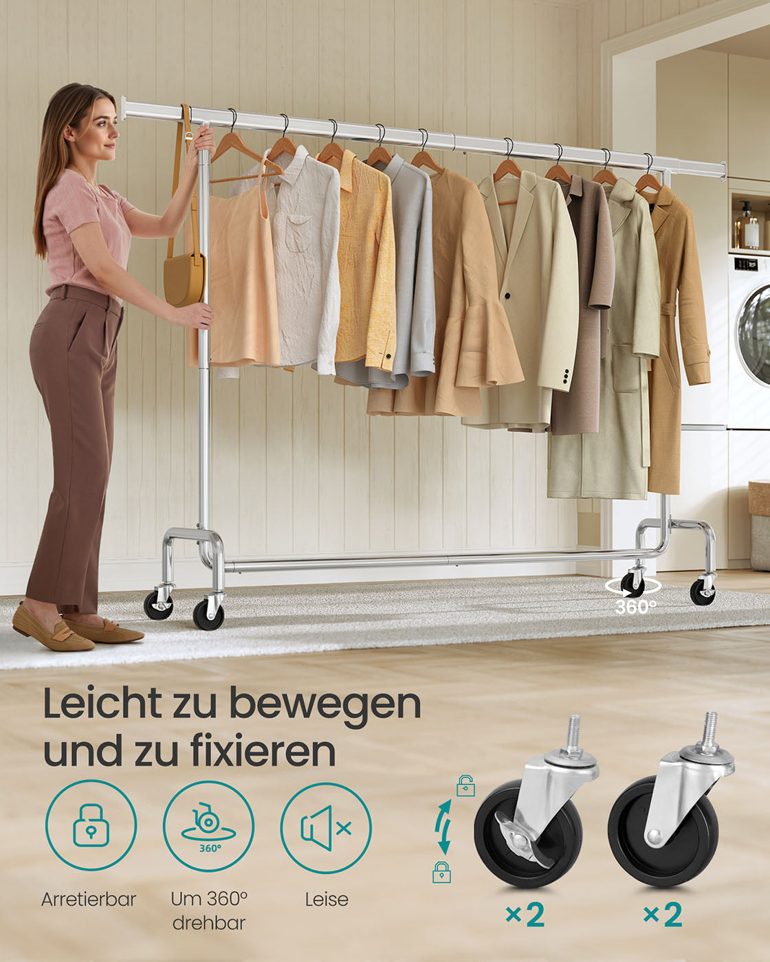 Kledingrek op Wieltjes – 45x(160-200)x162,9 cm – Zilver