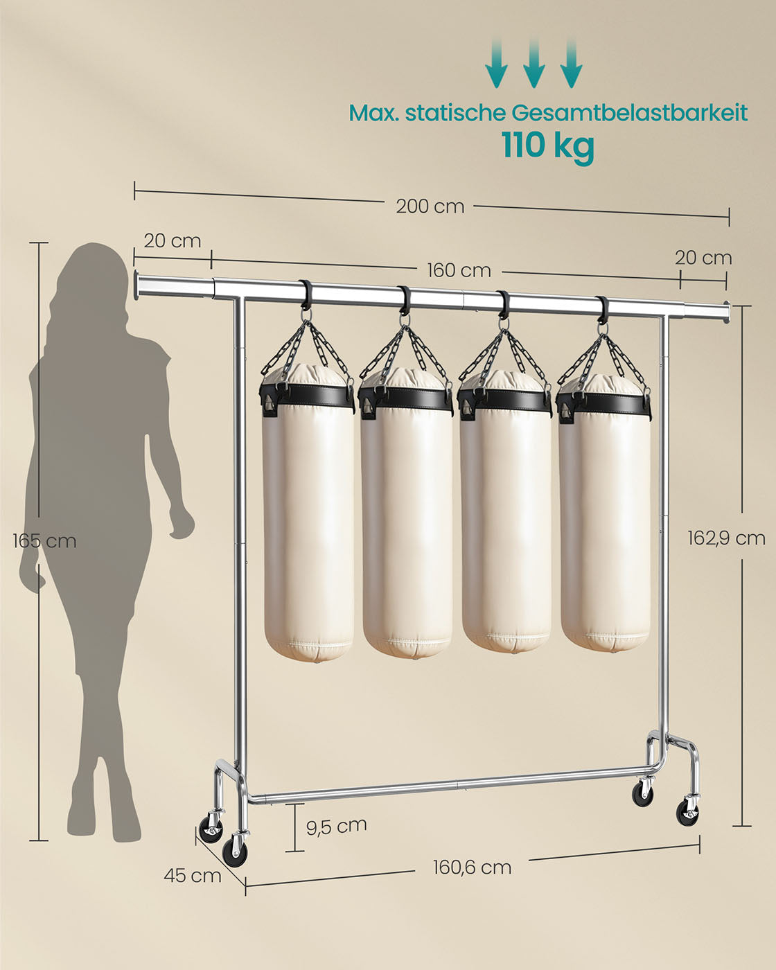 Kledingrek op Wieltjes – 45x(160-200)x162,9 cm – Zilver