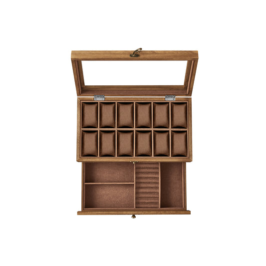 Horlogedoos – 12 vakken – massief hout – walnootkleur