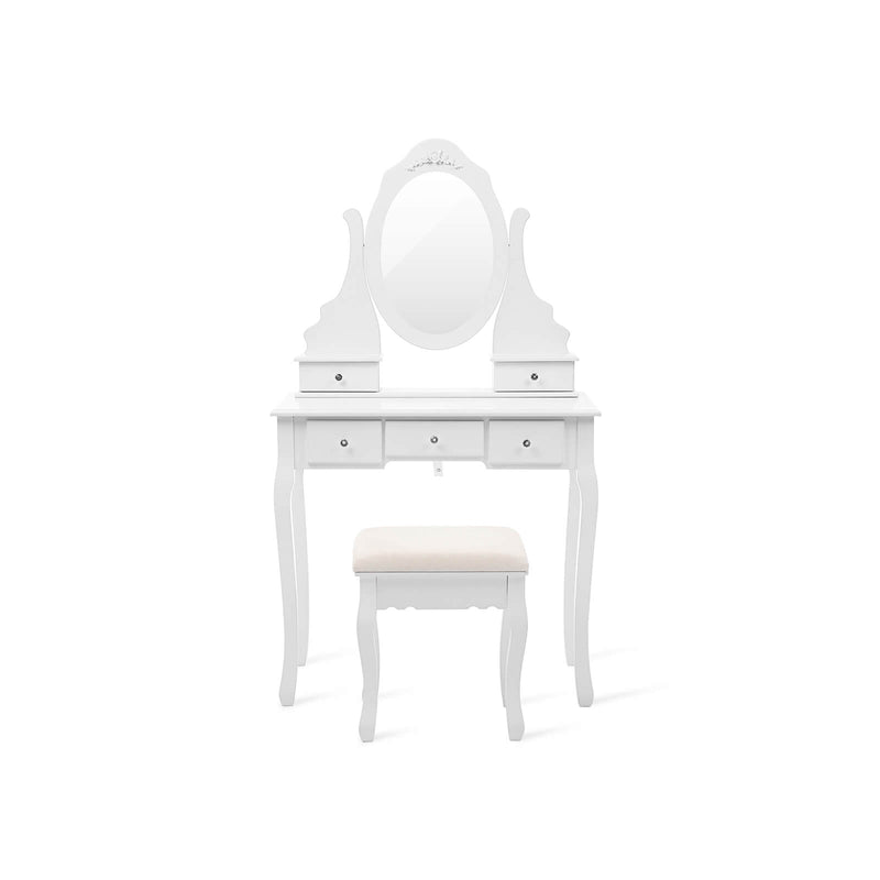 Kaptafel – make-up tafel – 5 lades – draaibare spiegel – met kruk – wit