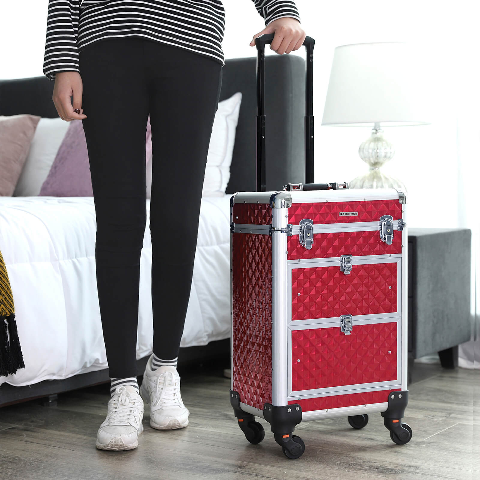 Make-up trolley – aluminium cosmetische koffer – rood