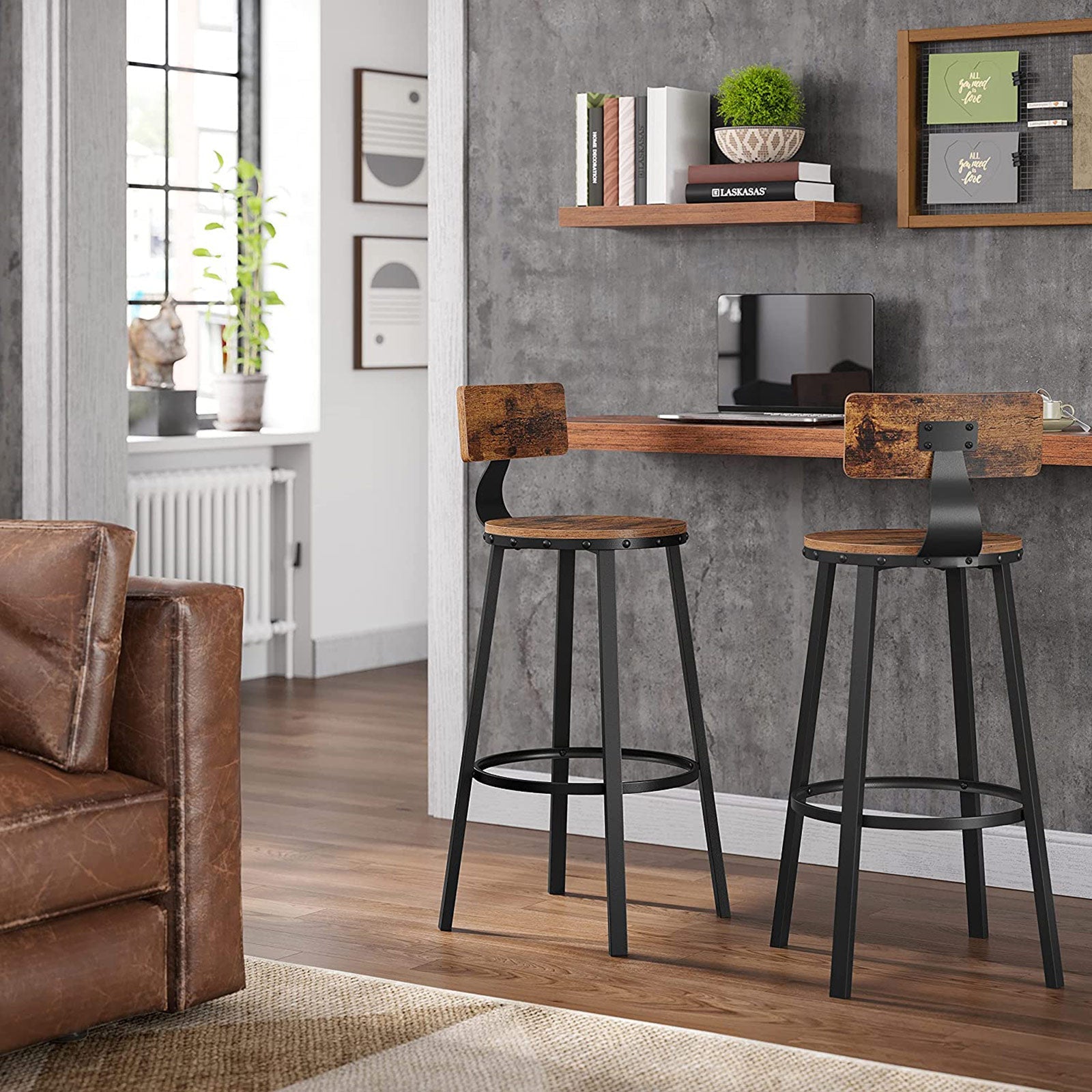 Barkrukken - Set van 2 - Met rugleuning - Houten zitting - Bruin