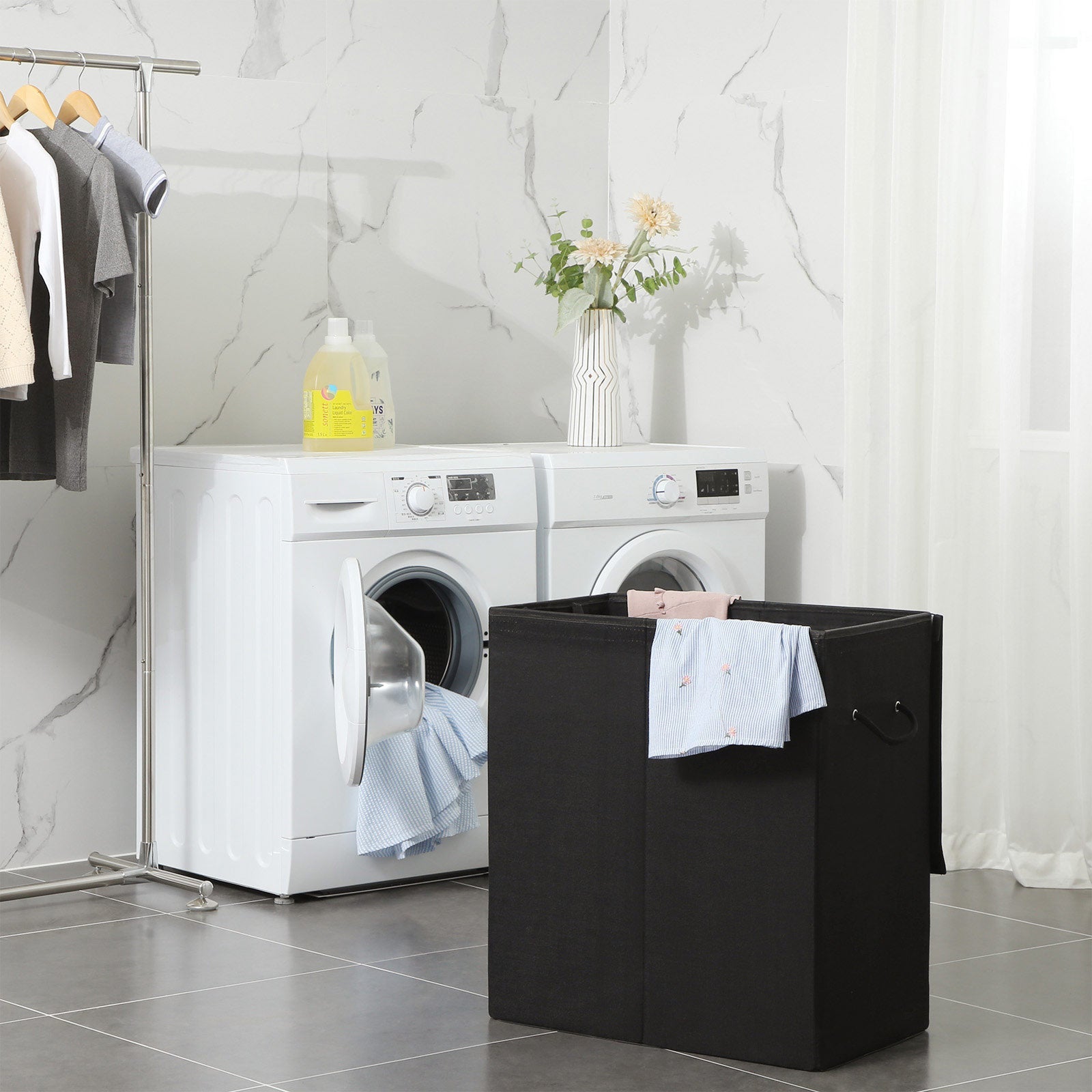 Wasmand - 142 L - Wassorteerder met aparte vakken - Zwart