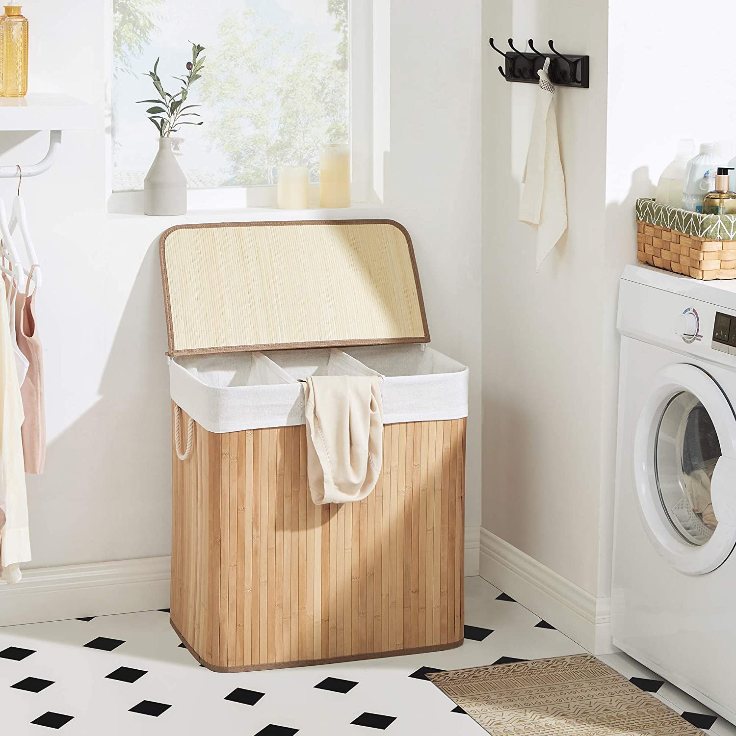 Wasmand - Met 3 vakken - Uitneembare zakken - Naturel