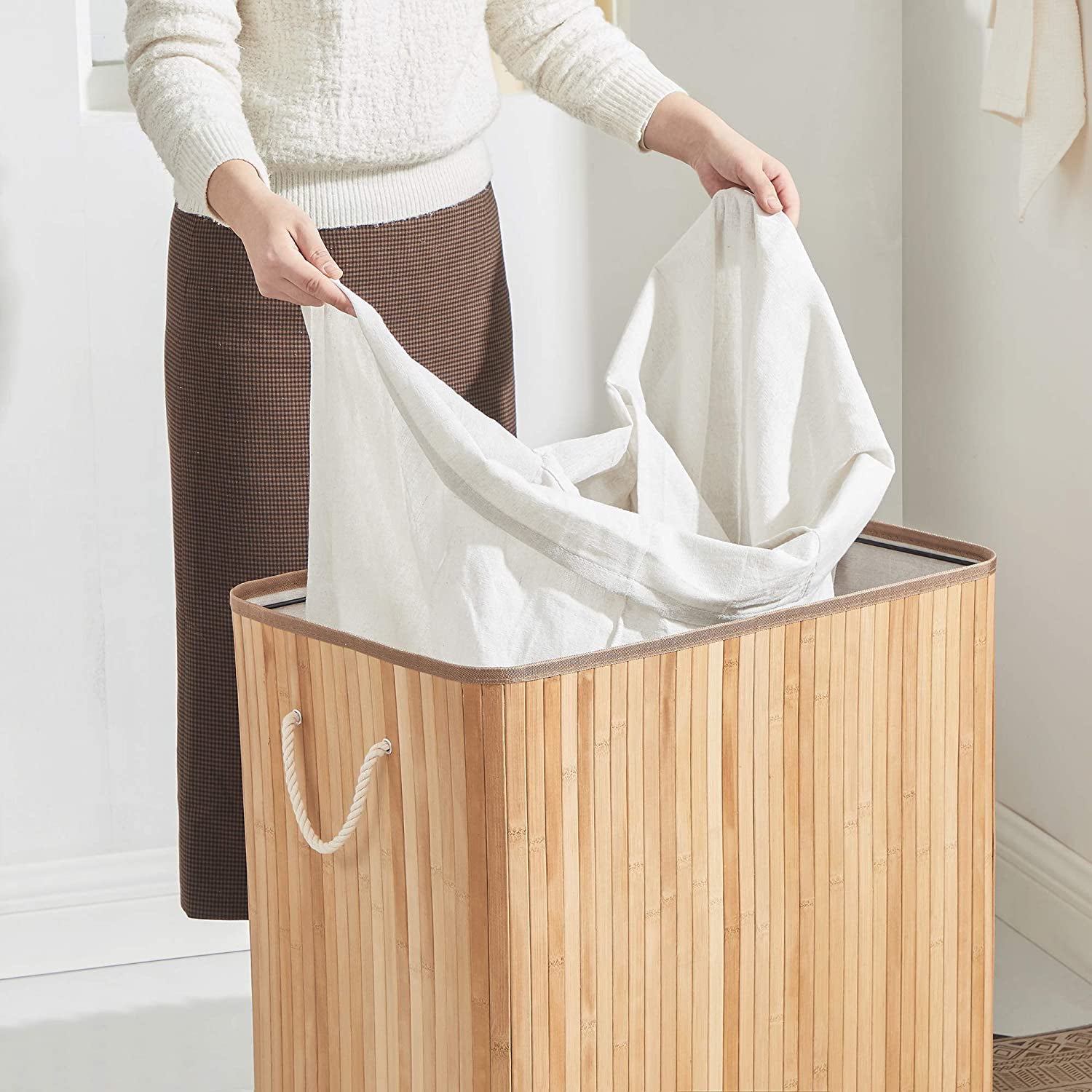 Wasmand - Met 3 vakken - Uitneembare zakken - Naturel