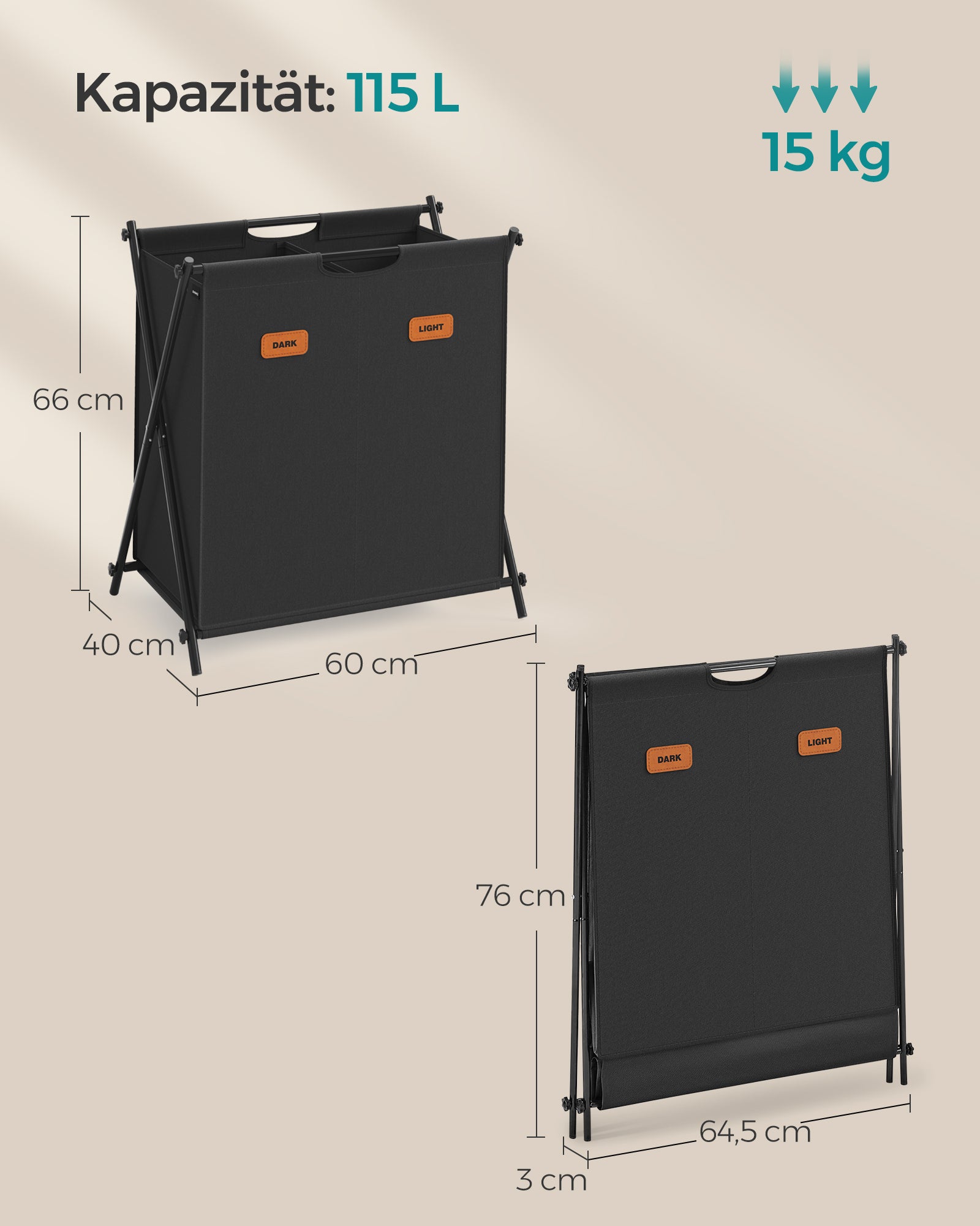 Wasmand 115 Liter Met 2 Vakken Inktzwart