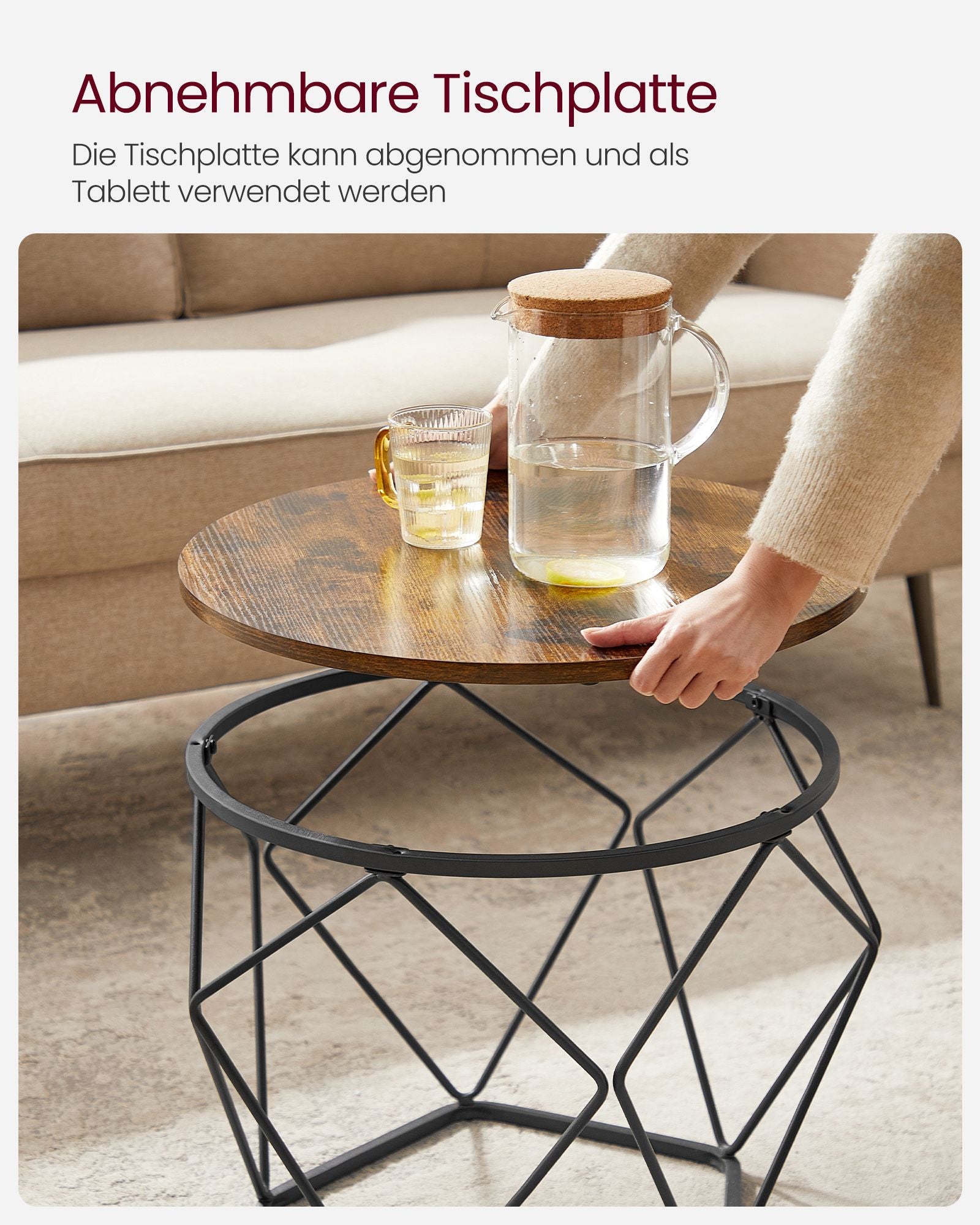 Ronde salontafel set van 2 – vintage flair – vintage bruin-inktzwart