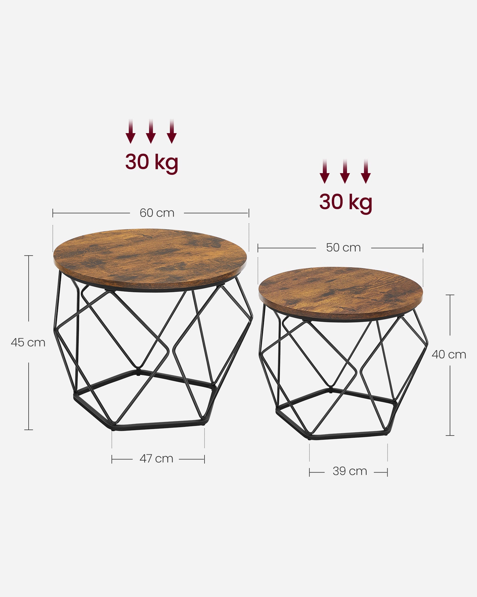 Ronde salontafel set van 2 – vintage flair – vintage bruin-inktzwart