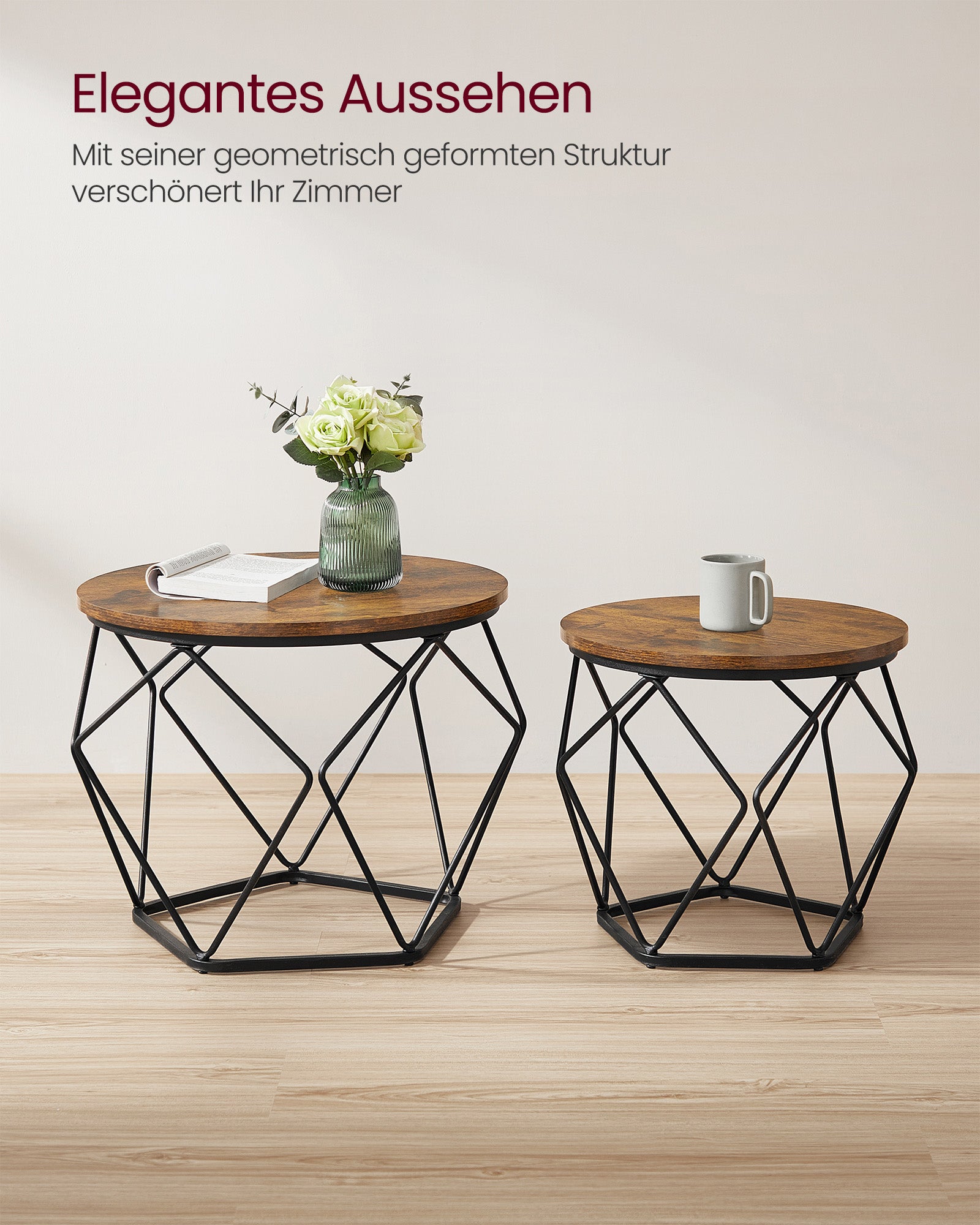 Ronde salontafel set van 2 – vintage flair – vintage bruin-inktzwart