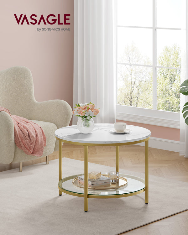 Salontafel – 2 niveaus – glazen blad – marmer wit-licht goud