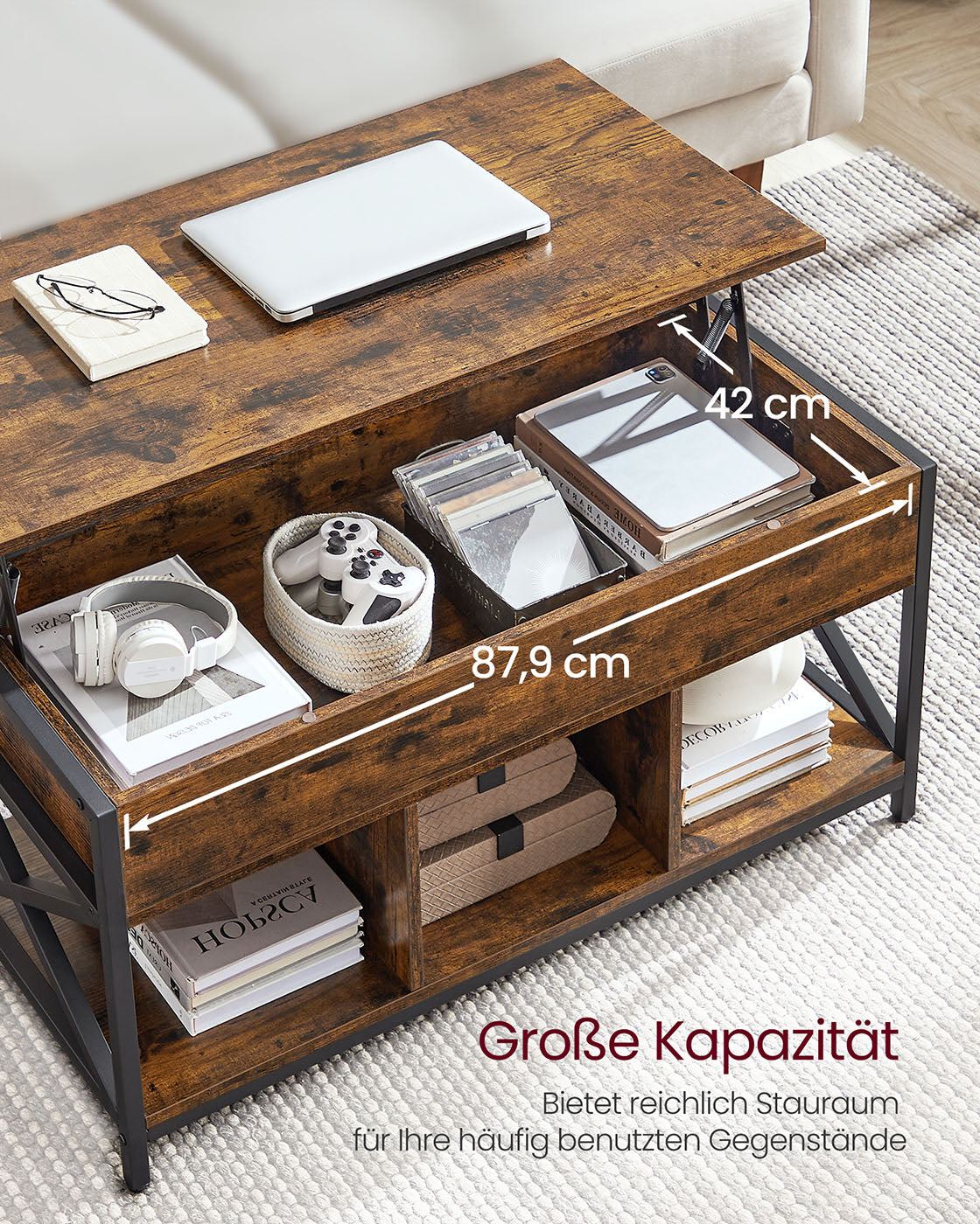 Salontafel in hoogte verstelbaar met open vakken vintage bruin-zwart