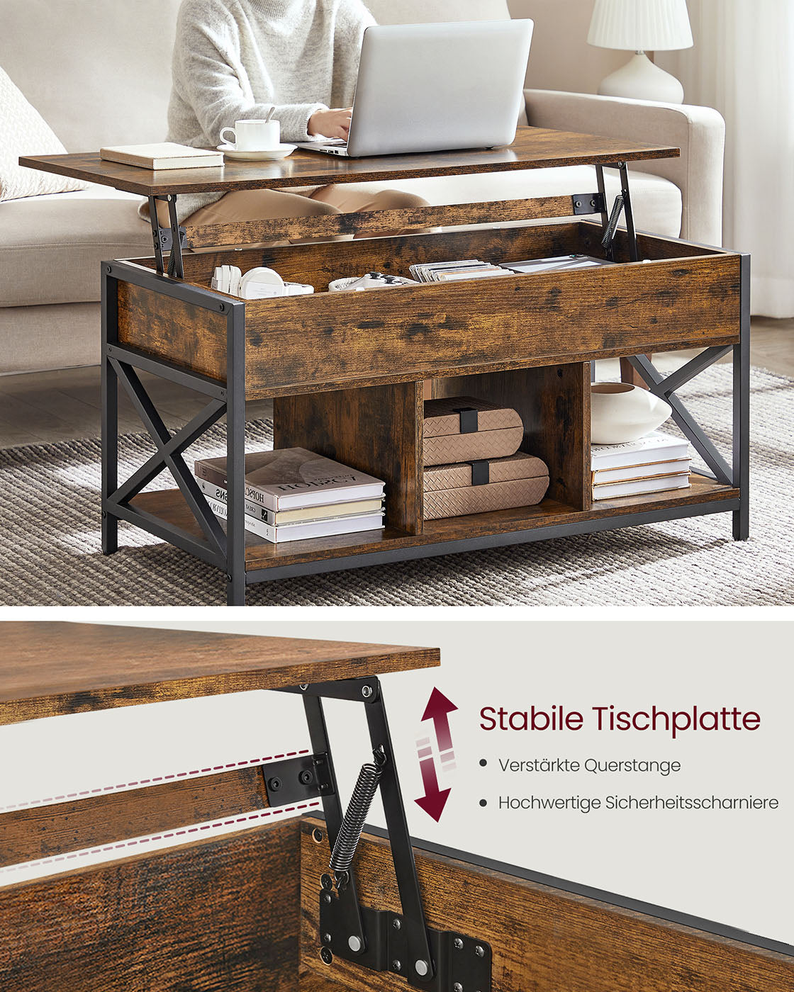 Salontafel in hoogte verstelbaar met open vakken vintage bruin-zwart