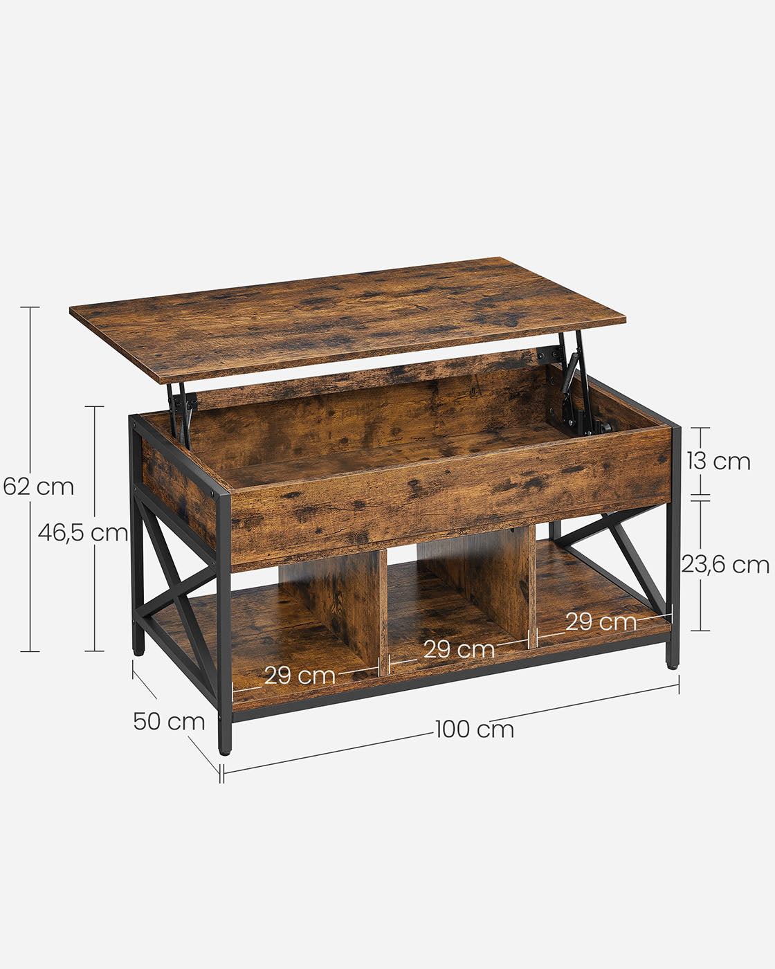 Salontafel in hoogte verstelbaar met open vakken vintage bruin-zwart