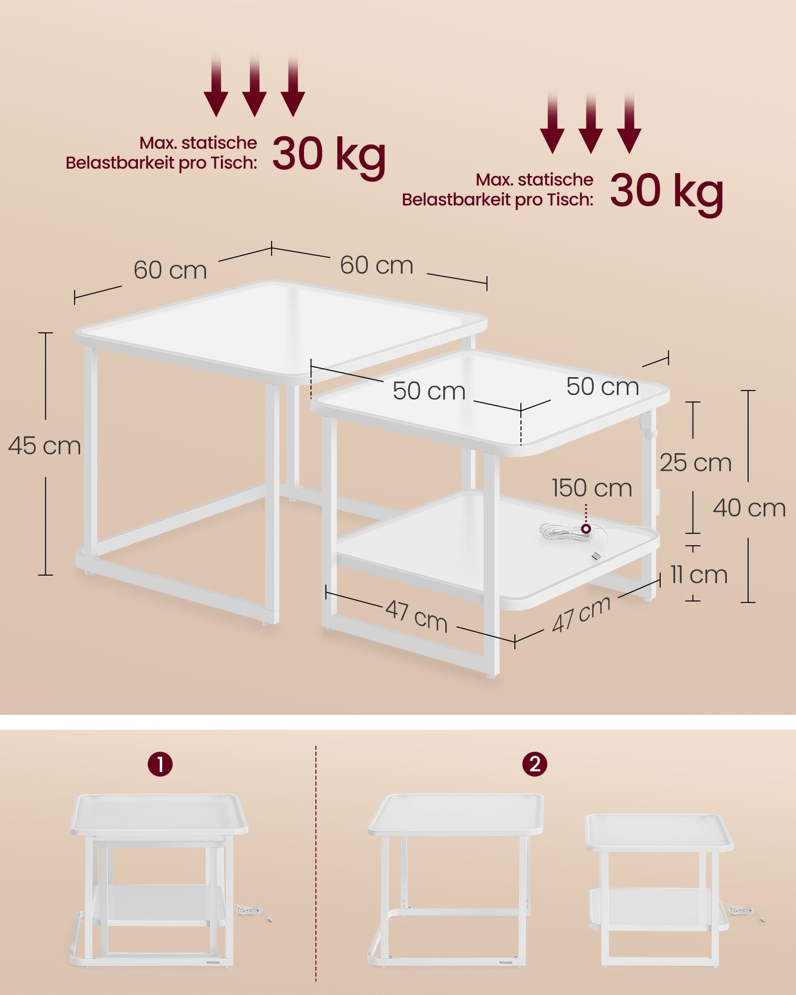 Salontafel set van 2 met LED licht wolk wit-parelwit