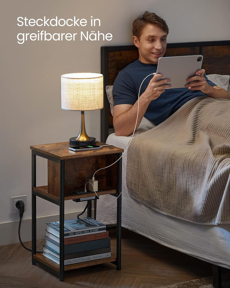 Nachtkastje – met stopcontacten – smal – vintage bruinzwart