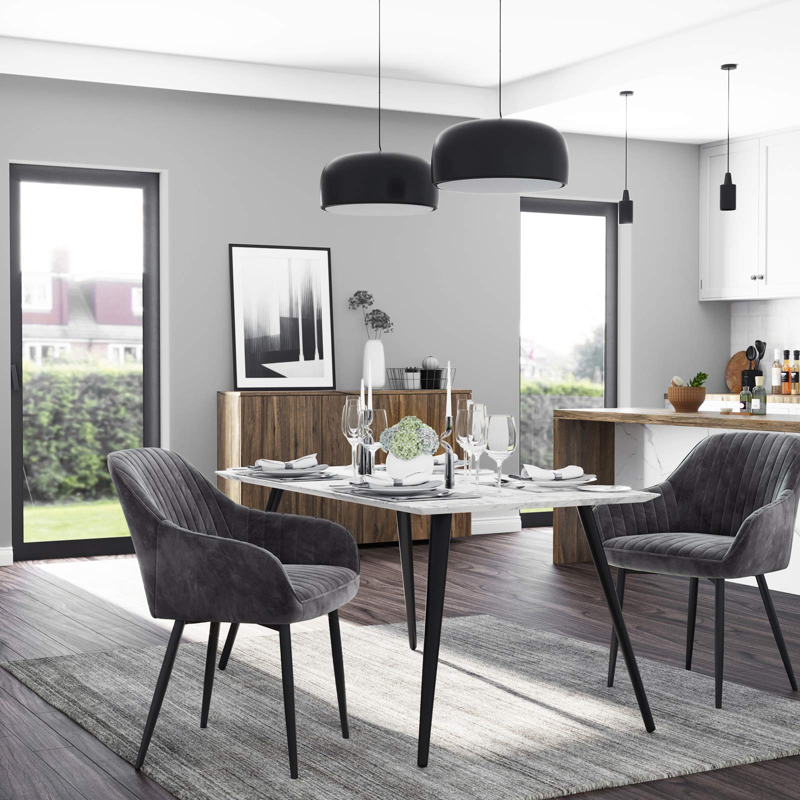 Eetkamerstoel - Fauteuil met armleuningen - Gestoffeerd - Grijs